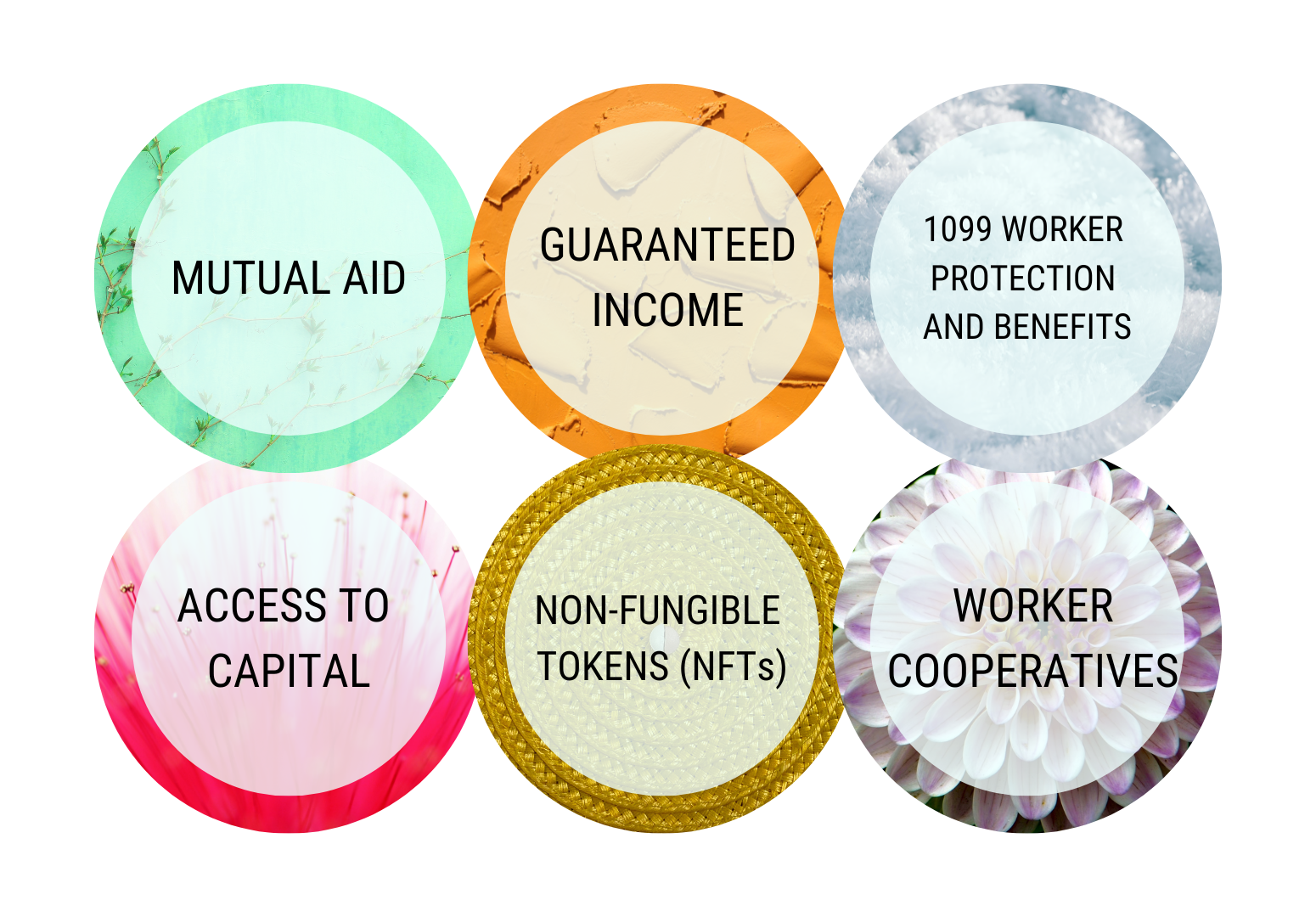 Six circles in two rows with text inside each circle. The text reads, "Mutual Aid," "Guaranteed Income," "1099 Worker Protection and Benefits," "Access to Capital," "Non-Fungible Tokens (NFTs)," and "Worker Cooperatives"