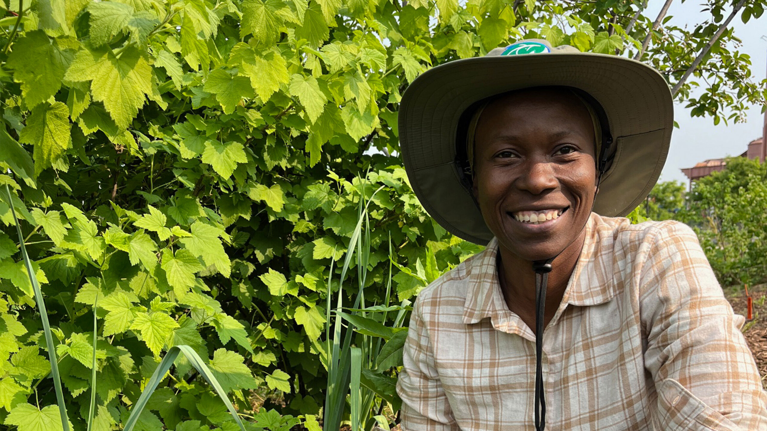 Person in a wide-brimmed hat and plaid shirt standing by green foliage.