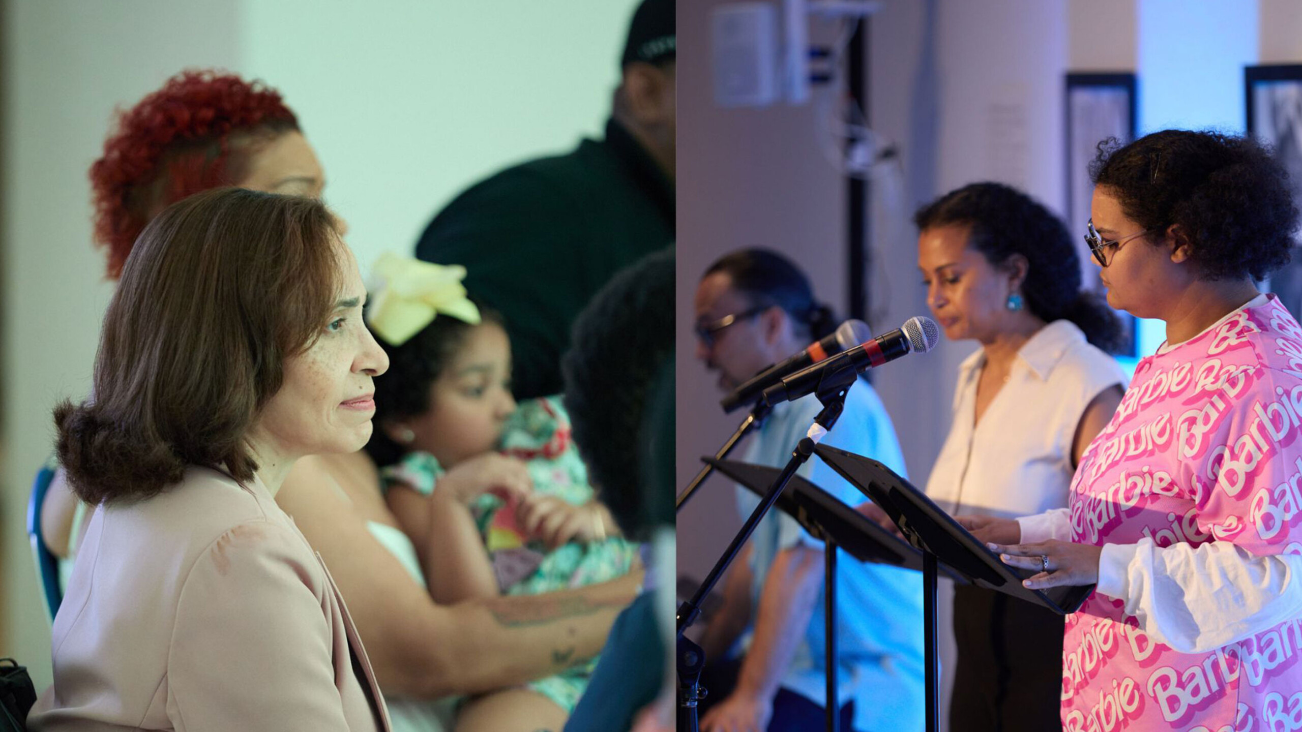 People at an event with individuals speaking at a podium.