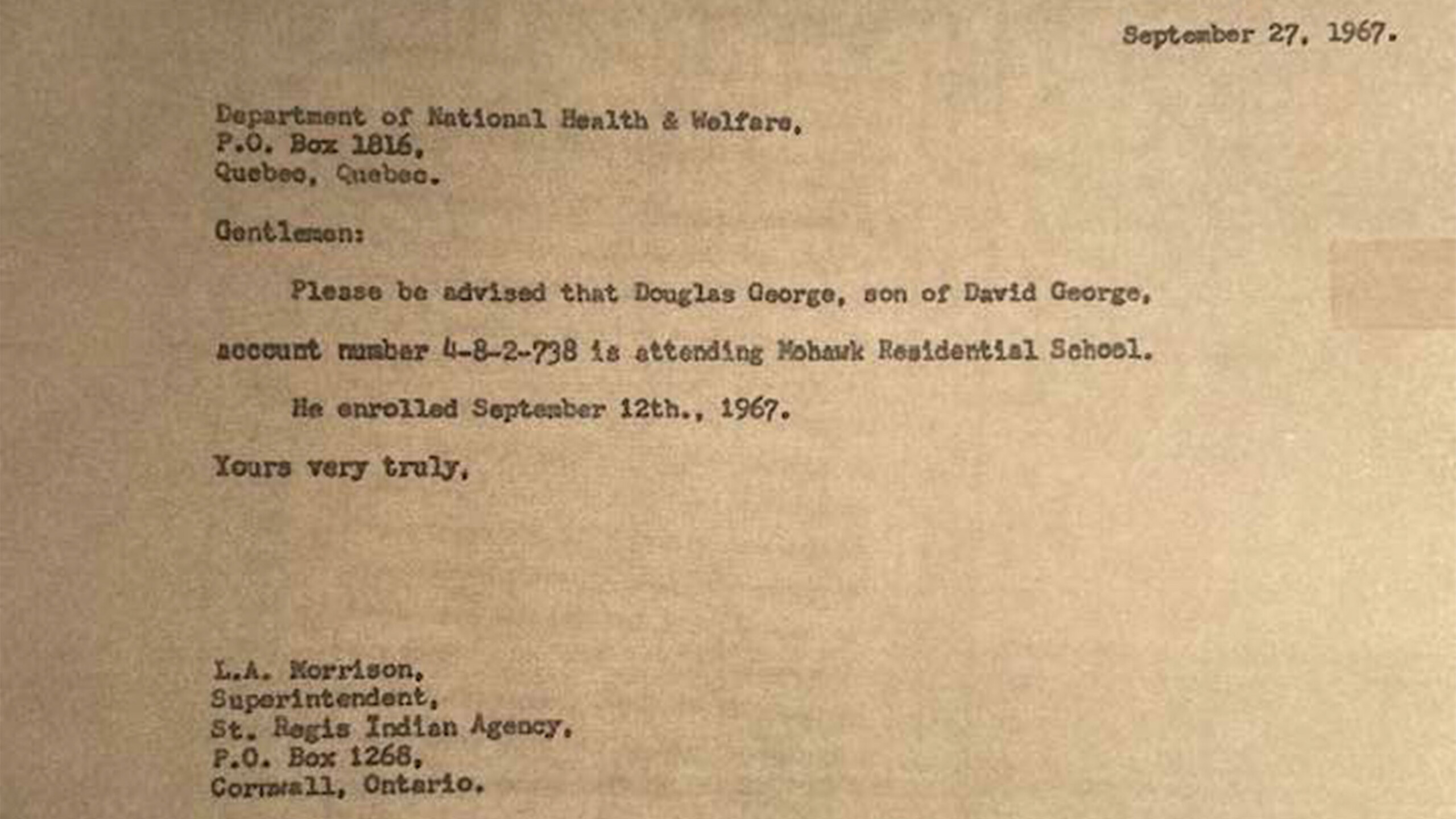 A typewritten letter dated September 27, 1967, from the Department of National Health & Welfare in Quebec, Canada. The letter informs that Douglas George, son of...
