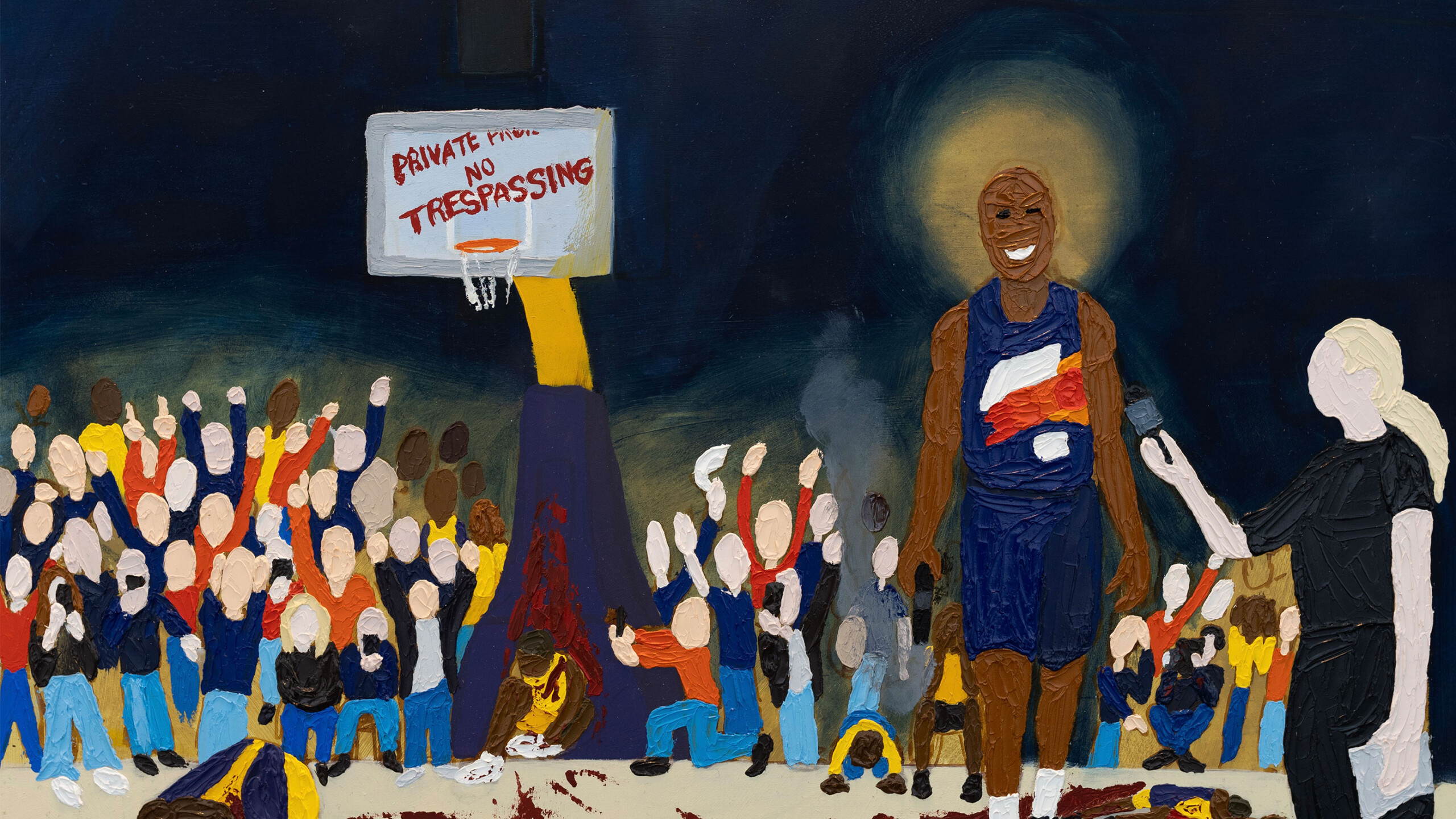 A vibrant street basketball scene featuring a tall basketball player in a dark blue jersey with a white and red stripe across the front. He is positioned near a...