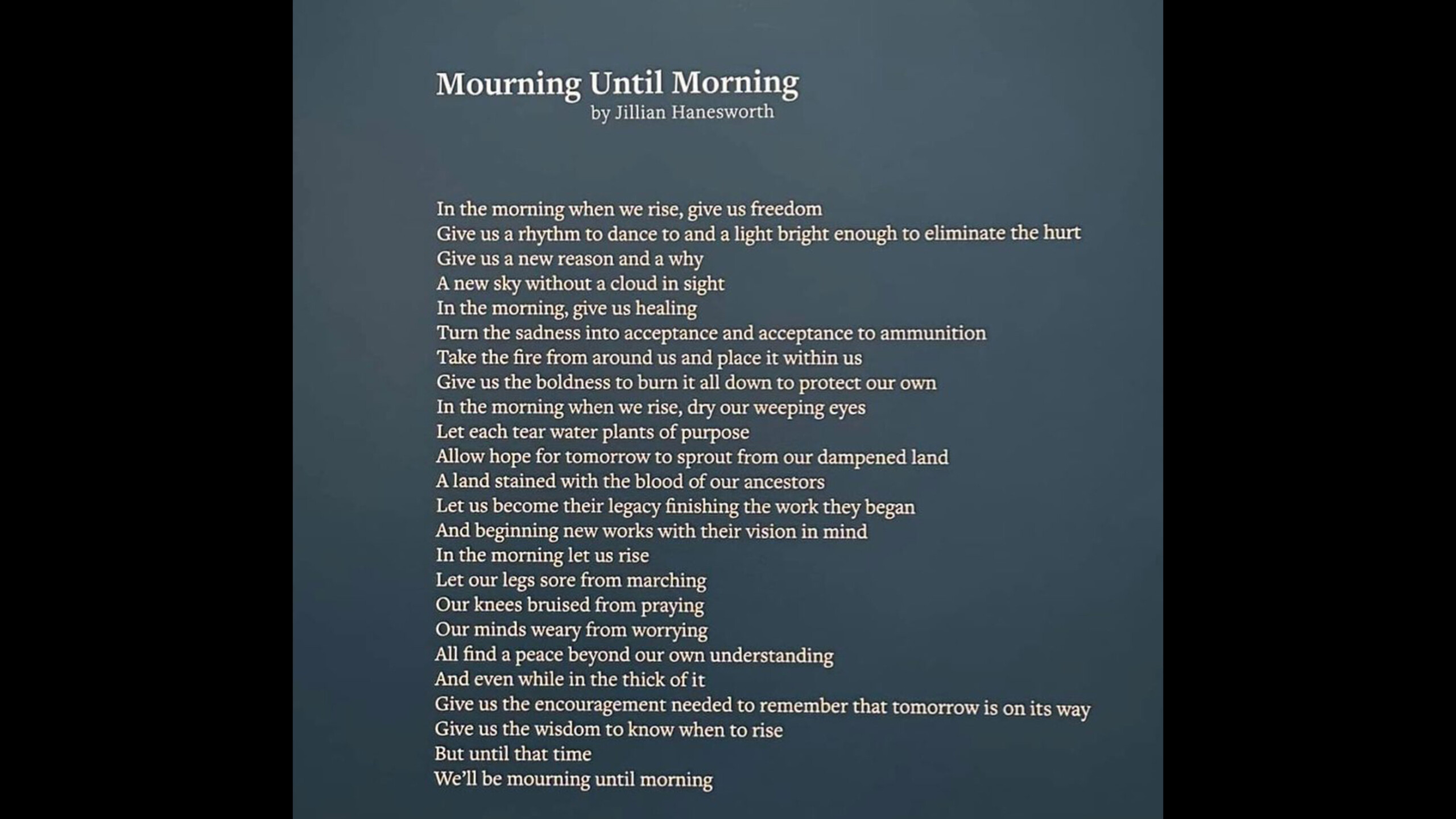 A poem titled 'Mourning Until Morning' by Julian Hancoxworth is displayed on a dark green background.
