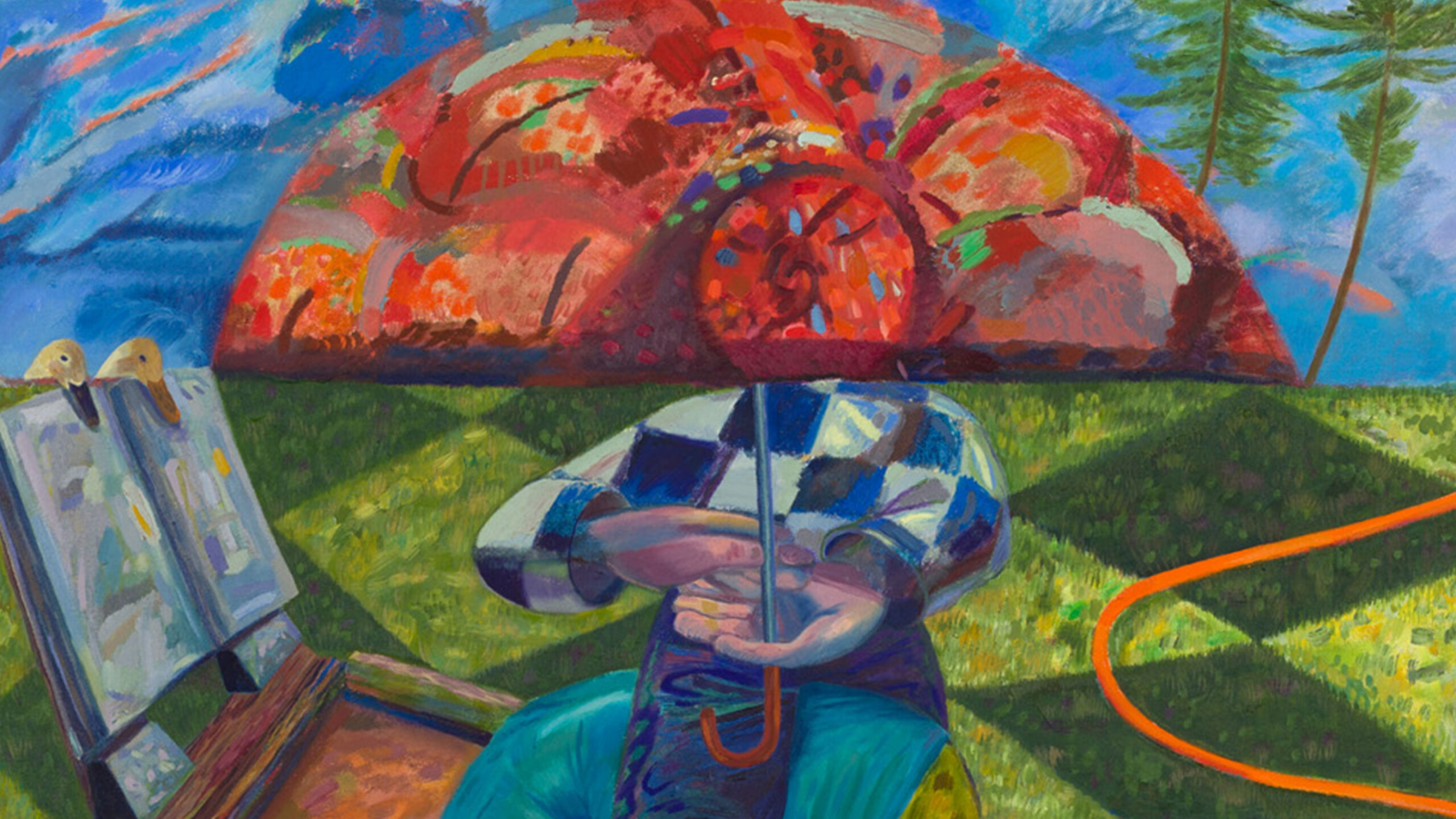 An abstract painting featuring a person sitting in a checkered outfit holding a small umbrella. The top portion of the image shows a vibrant, multicolored dome...