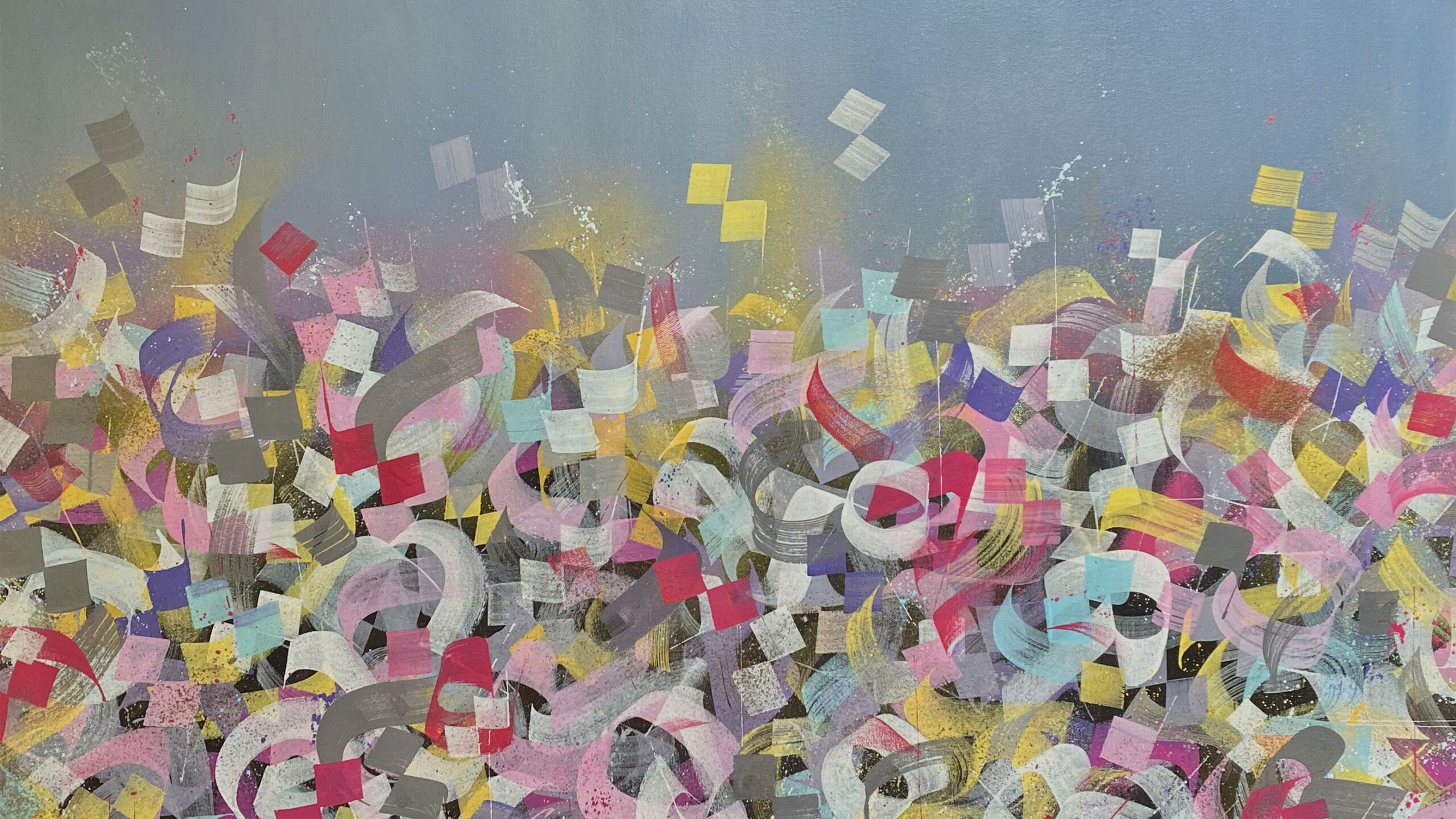 A vibrant abstract painting filled with a dynamic array of colorful shapes. Bright hues of pink, yellow, blue, and red intermingle with softer tones like pastel...