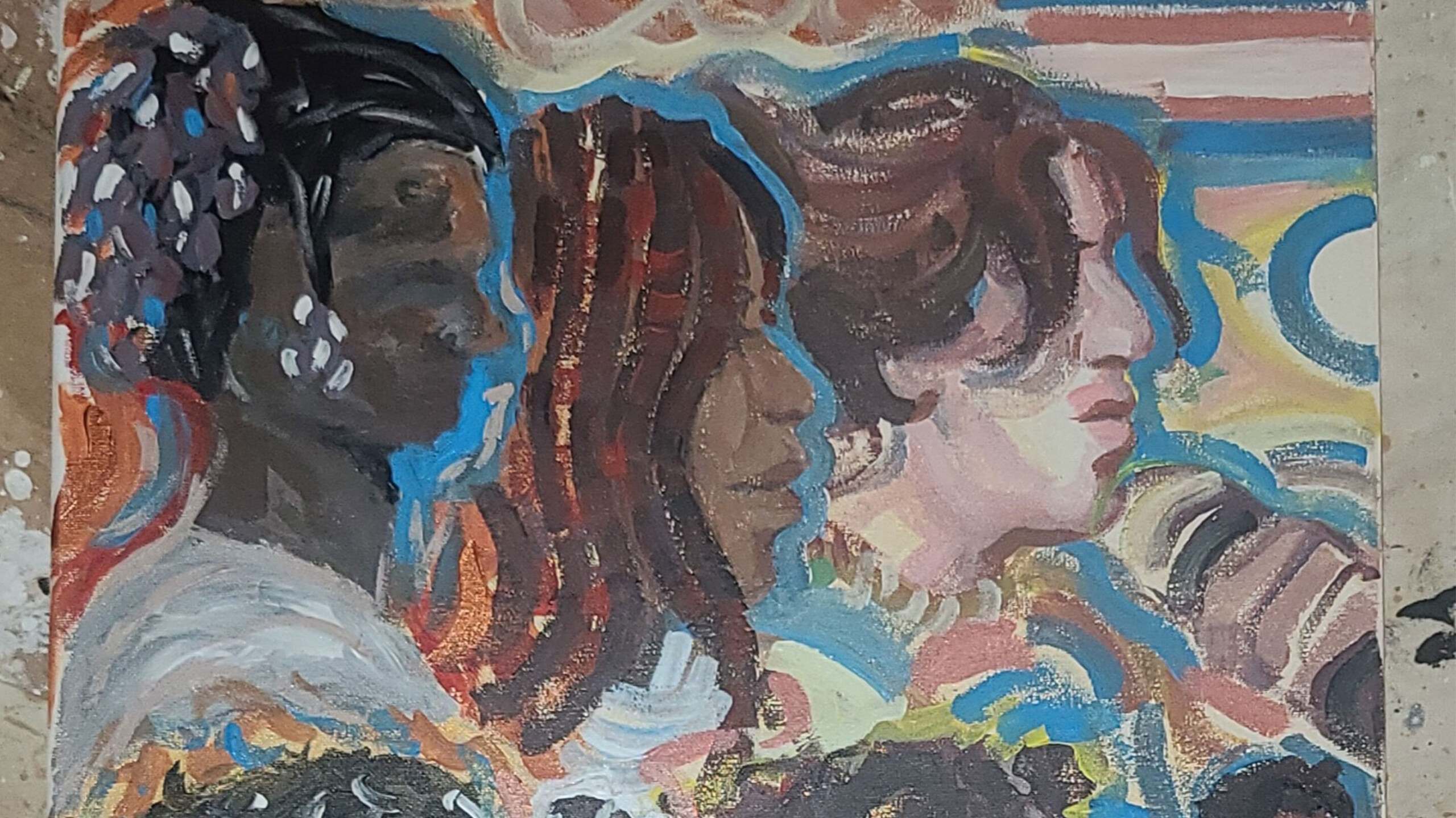 A vibrant painting featuring the profiles of three women, each outlined in sweeping, expressive brush strokes. The first woman on the left has dark skin, wears...