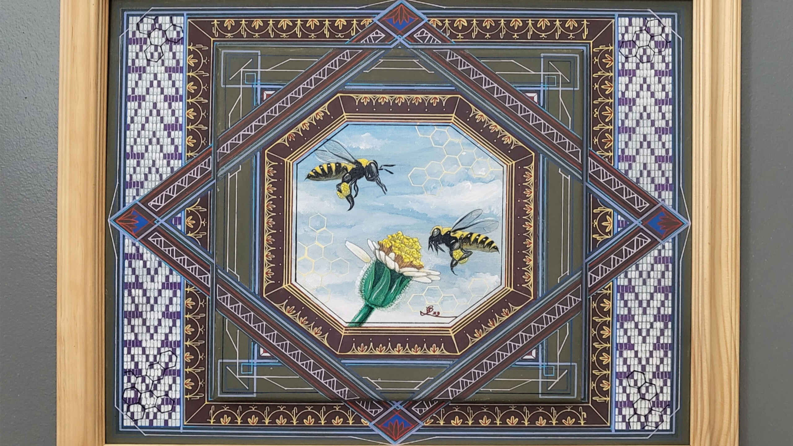A finely detailed artwork featuring a central hexagonal scene depicting two bees hovering around a white and yellow flower with blue skies in the background. Surrounding...