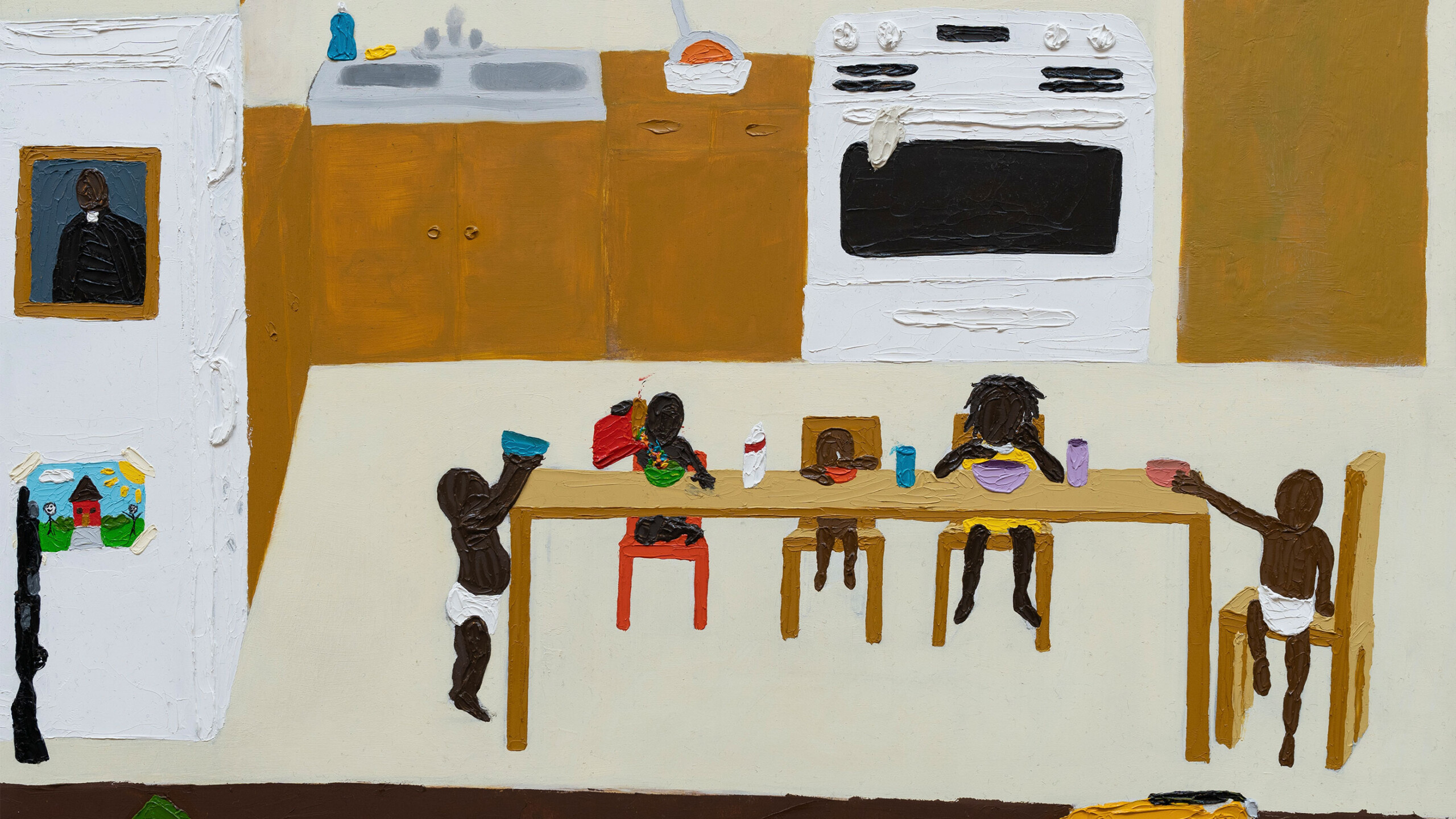 In a simple kitchen setting, four children in diapers are seated around a dining table. Each child is engaged in a mealtime activity, eating or drinking from bowls...