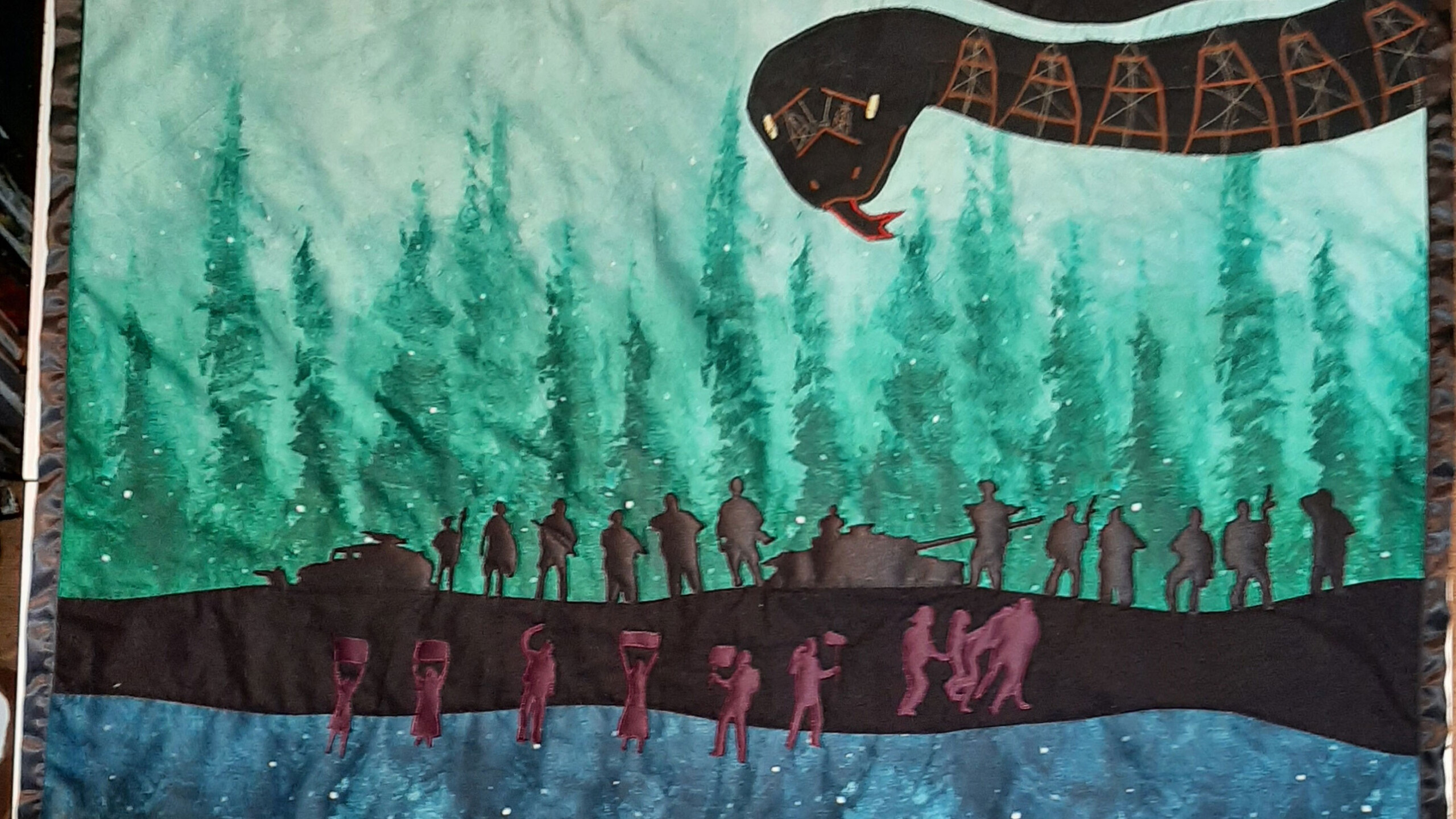 A mixed media artwork illustrates a forest scene featuring abstract and symbolic elements. Dark green pine trees form a backdrop, giving a sense of depth and nature....