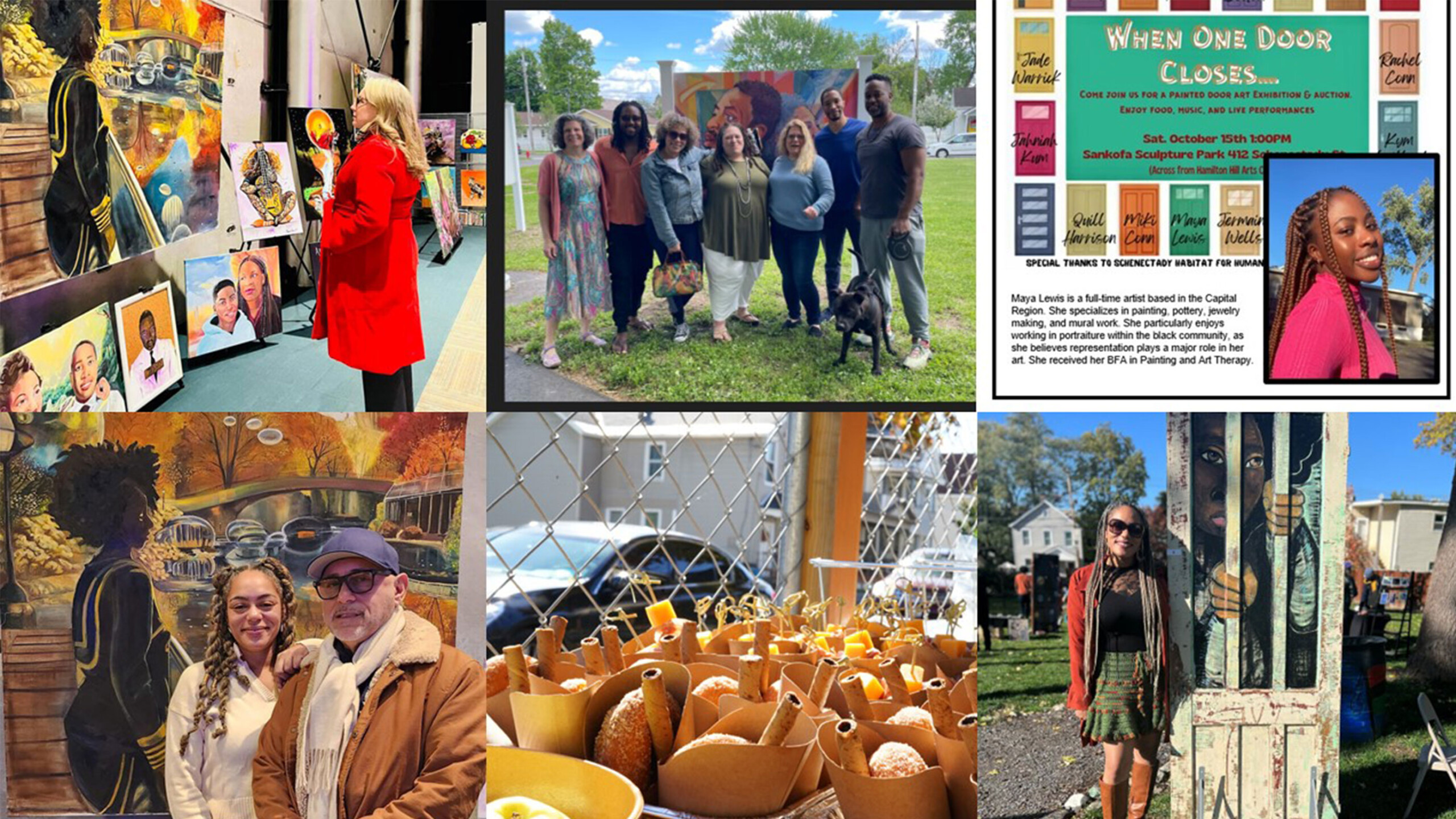 A collage of six images depicting scenes from a community arts and culture event. The top left image features a woman admiring paintings displayed at an indoor...