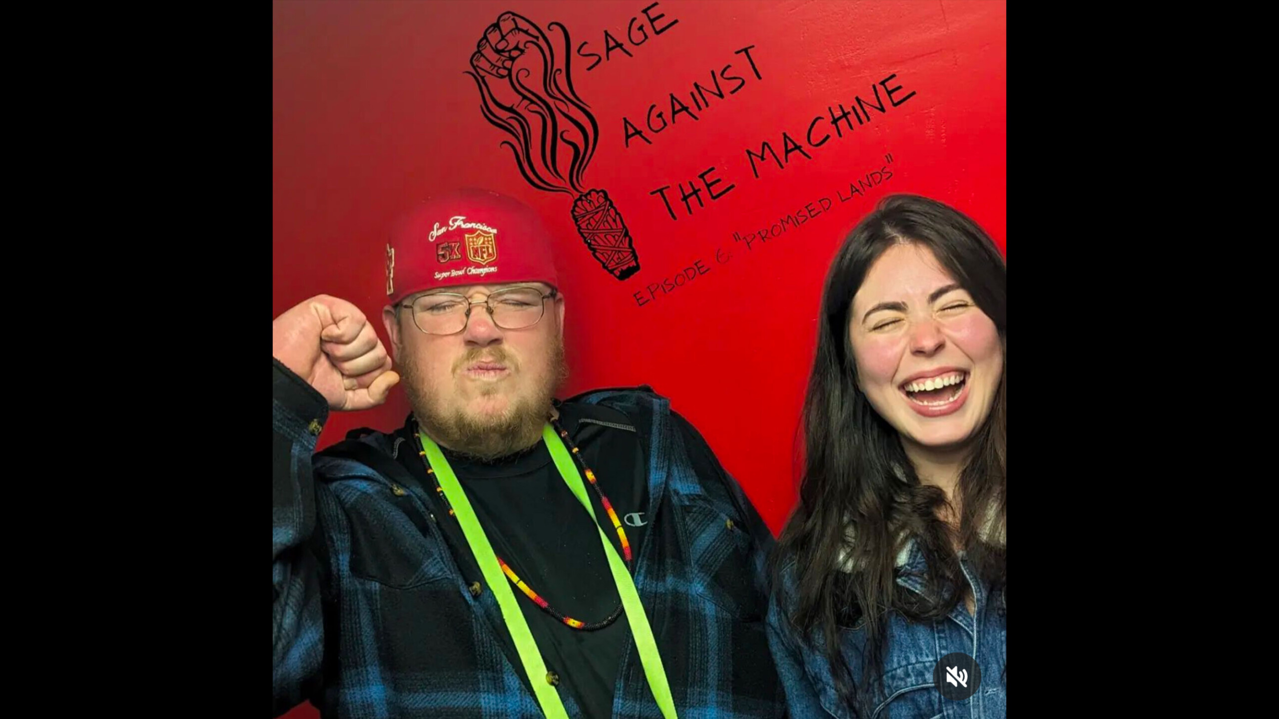 A promotional poster for the podcast 'Sage Against the Machine.' Two individuals are featured prominently in front of a vibrant red background. On the left, a person...