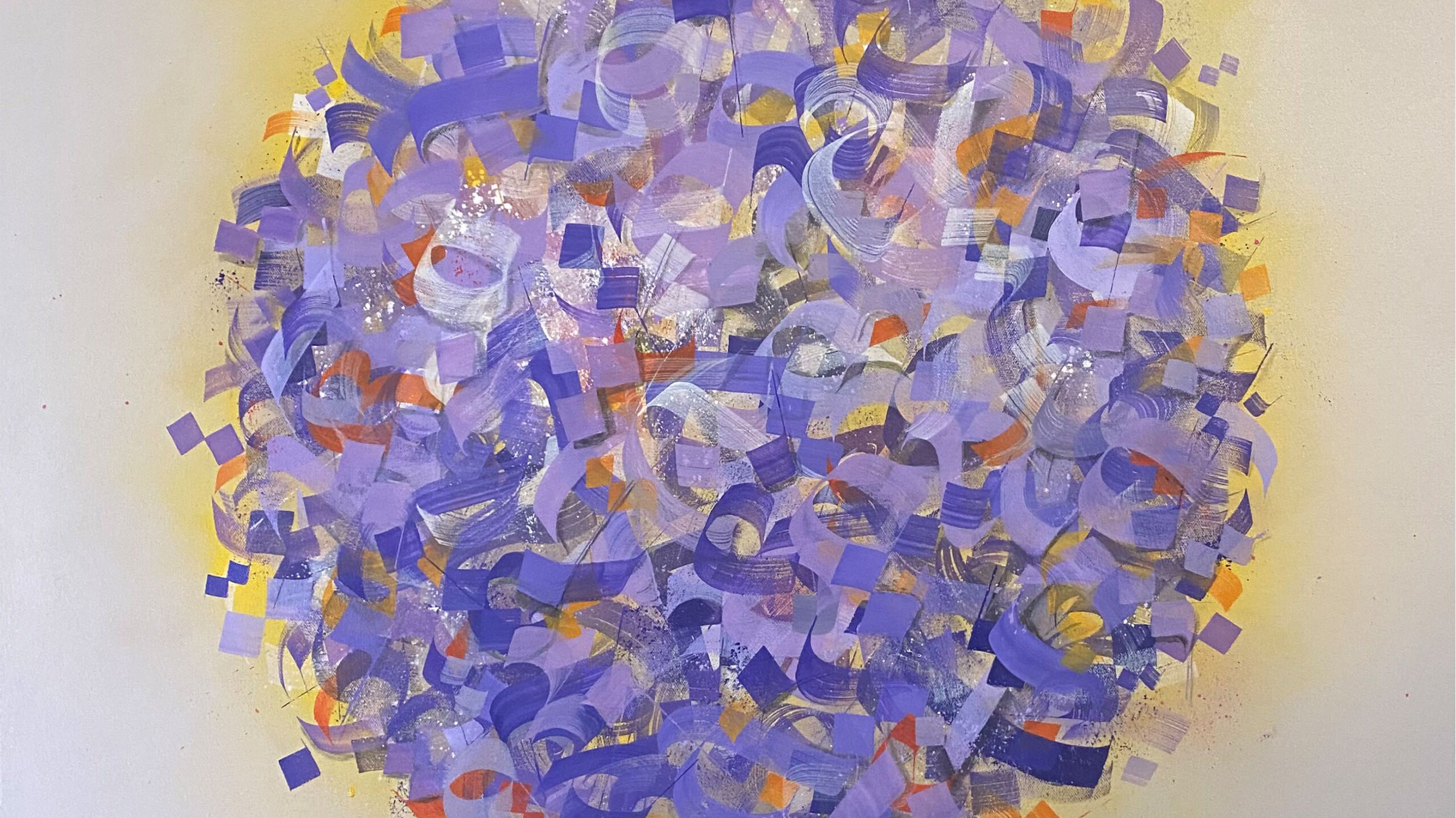 A vibrant abstract painting featuring a large spherical form made up of various overlapping shapes and patterns. The sphere is predominantly colored in shades of...