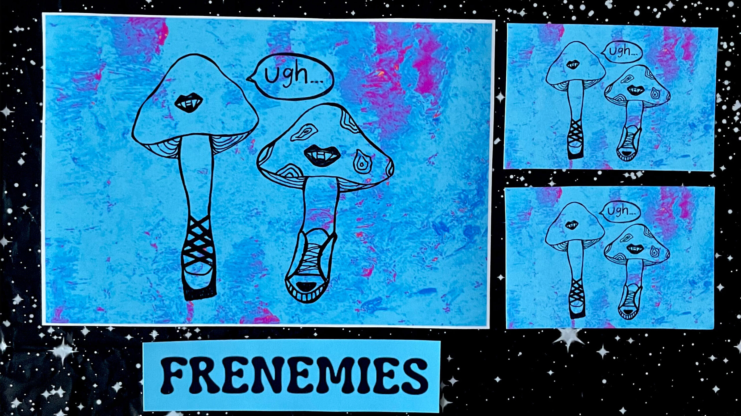 Two cartoon mushrooms with facial features and legs are set against a textured blue and pink background. Both have expressive facial features; one displays a skeptical...