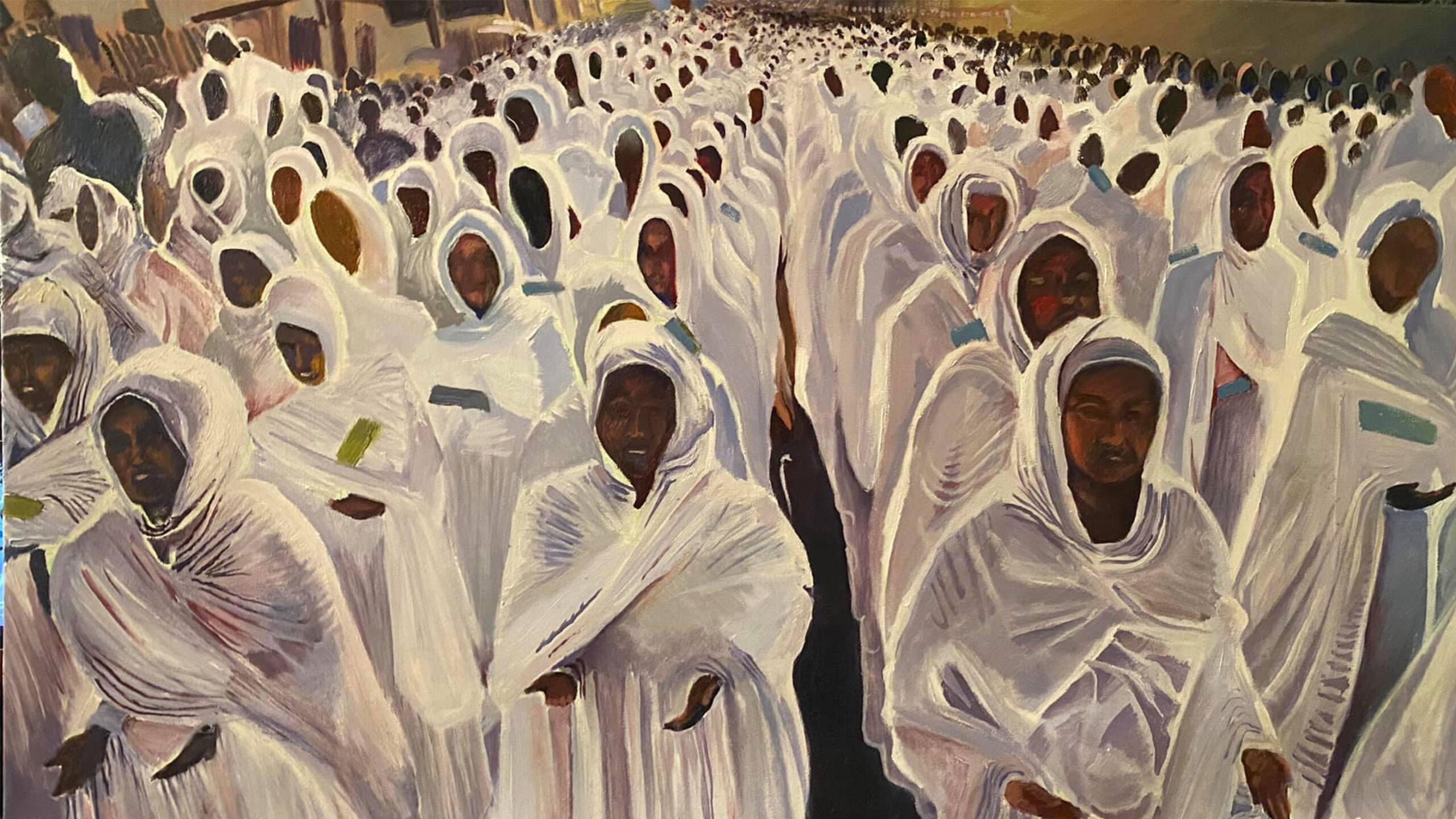 A large group of individuals is depicted in the image, all dressed in white garments that wrap around their bodies and heads, giving a uniform and serene appearance....