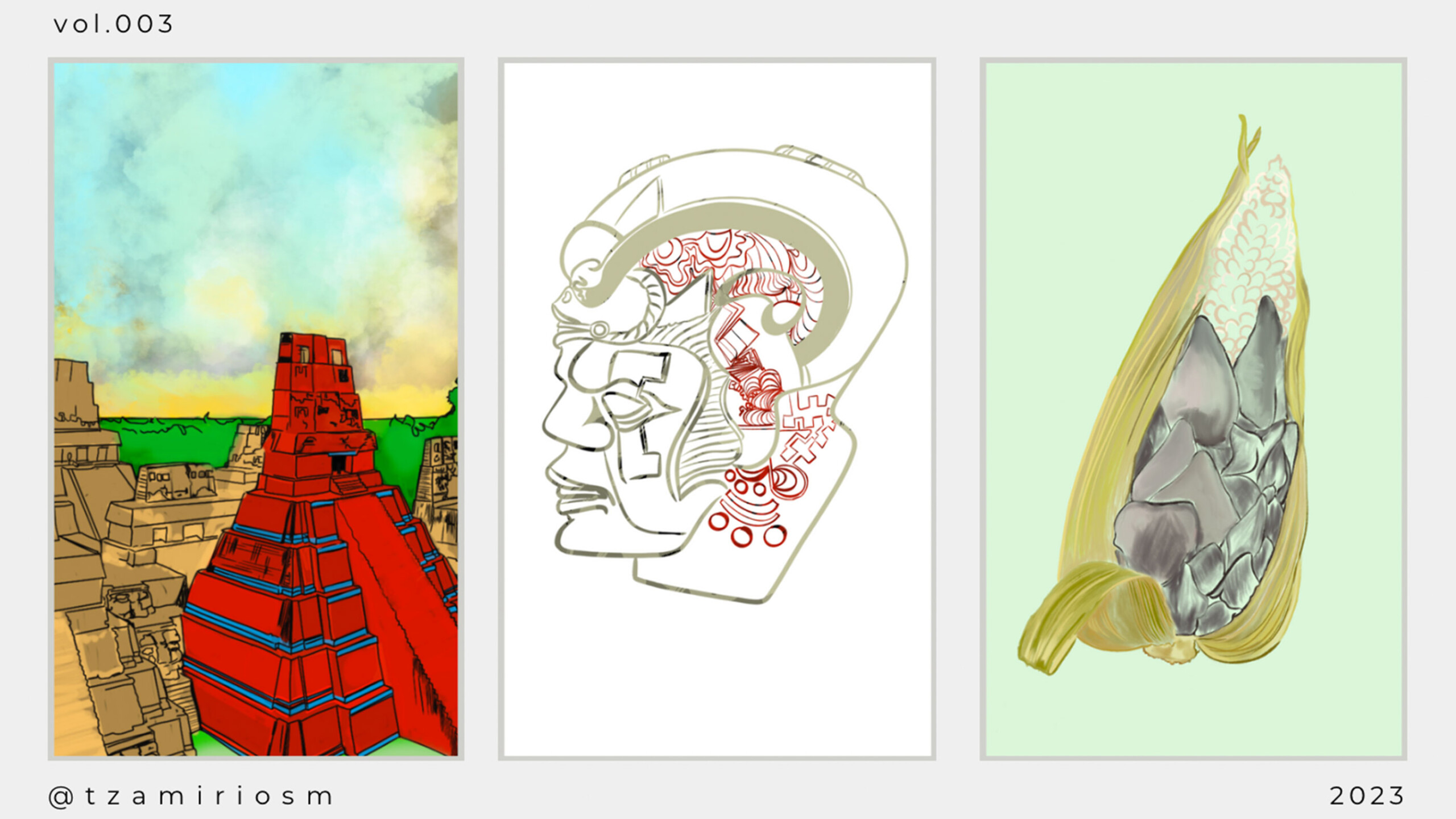 A triptych showcasing a vivid red and blue pyramid amidst a historical cityscape, a detailed line drawing of a stylized human profile with intricate red patterns,...