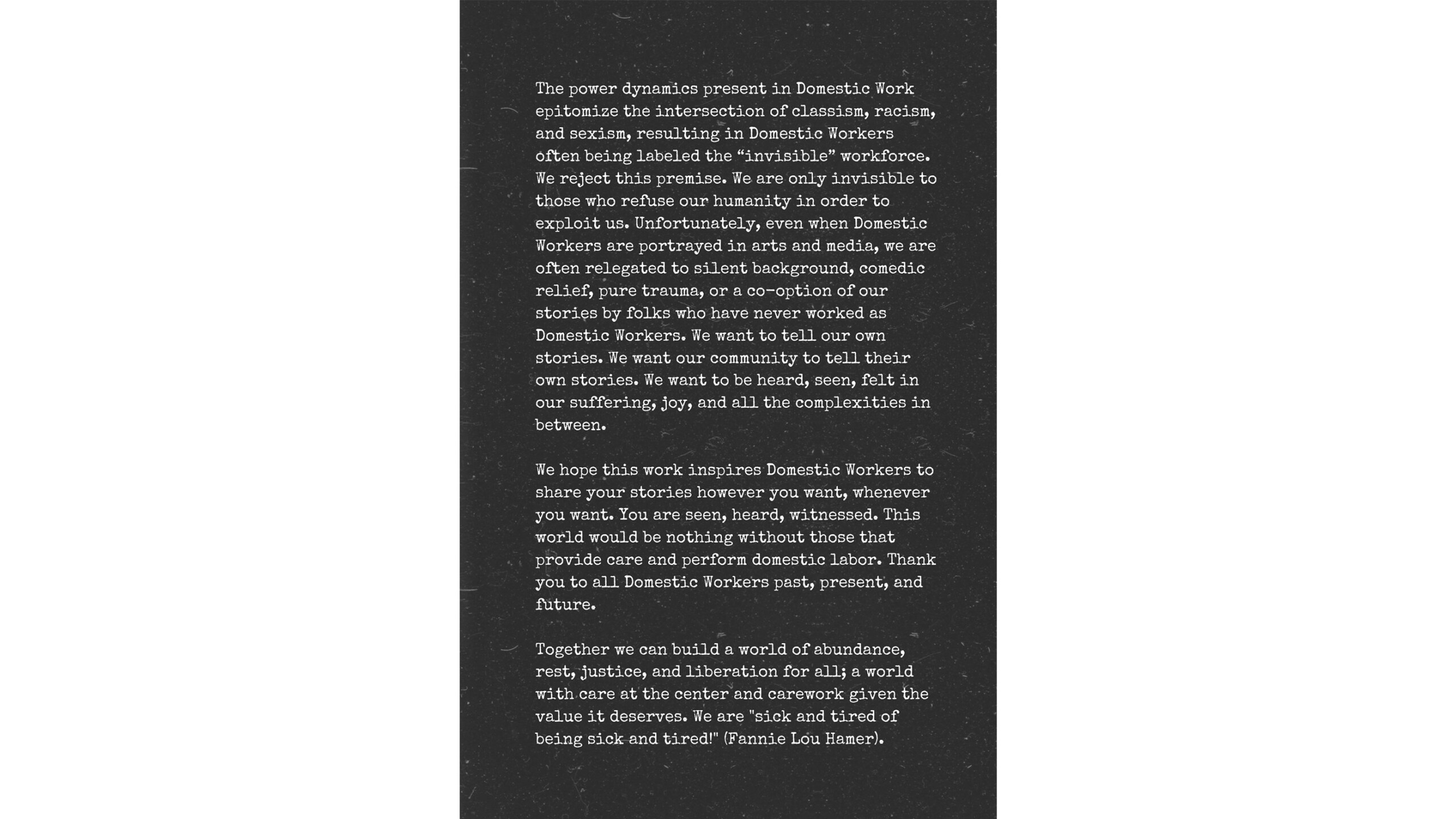 A text document on a dark gray speckled background discusses the economic burden on domestic workers. It highlights the issues of emotional, routine, and sexual...