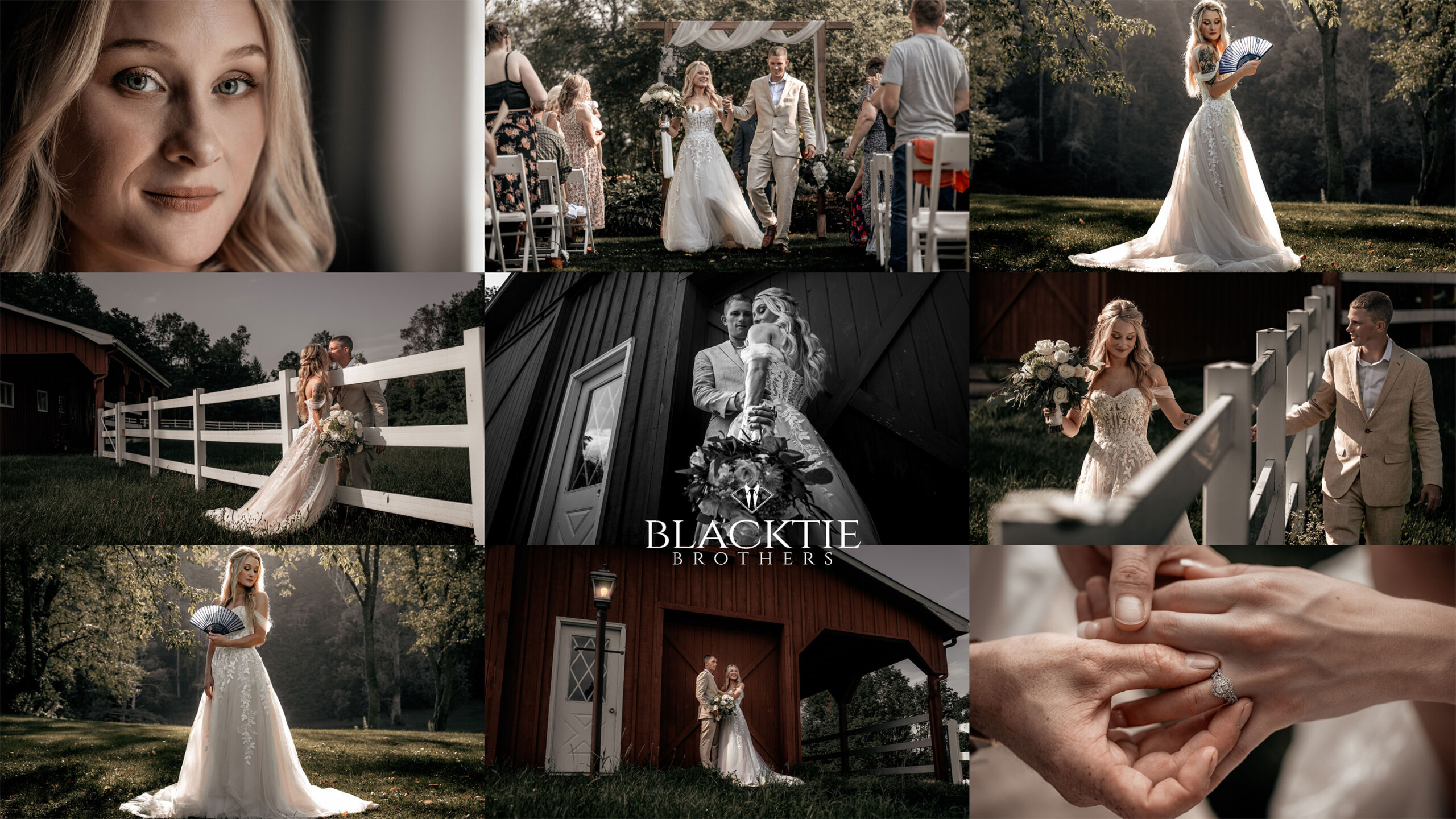 Collage of moments from a rustic outdoor wedding, featuring a bride in a white gown and a groom in a beige suit surrounded by tall trees and a scenic farm setting....