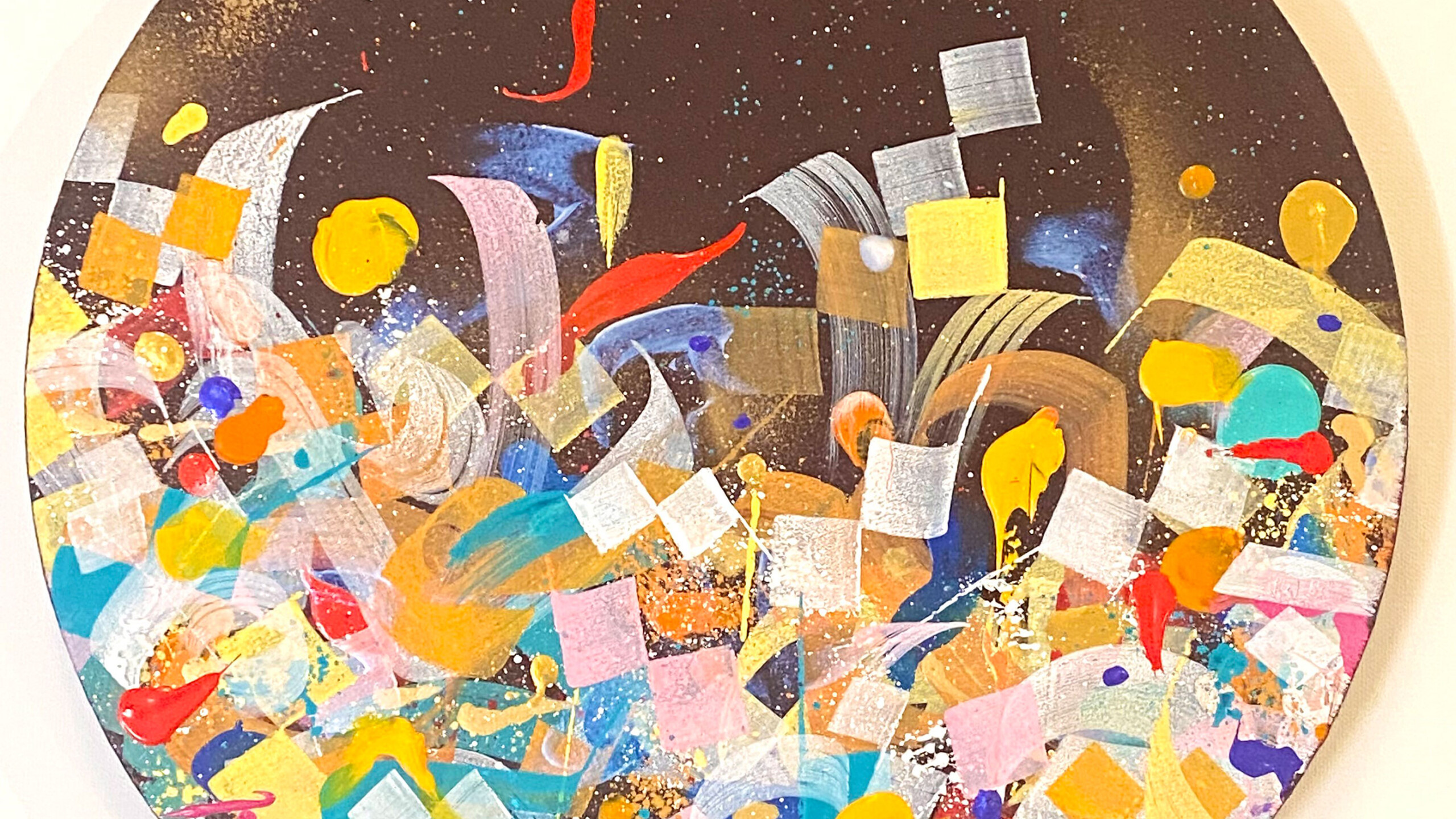 A colorful abstract painting with a circular canvas featuring a dynamic blend of shapes and colors. The background is a rich dark brown, speckled with white and...