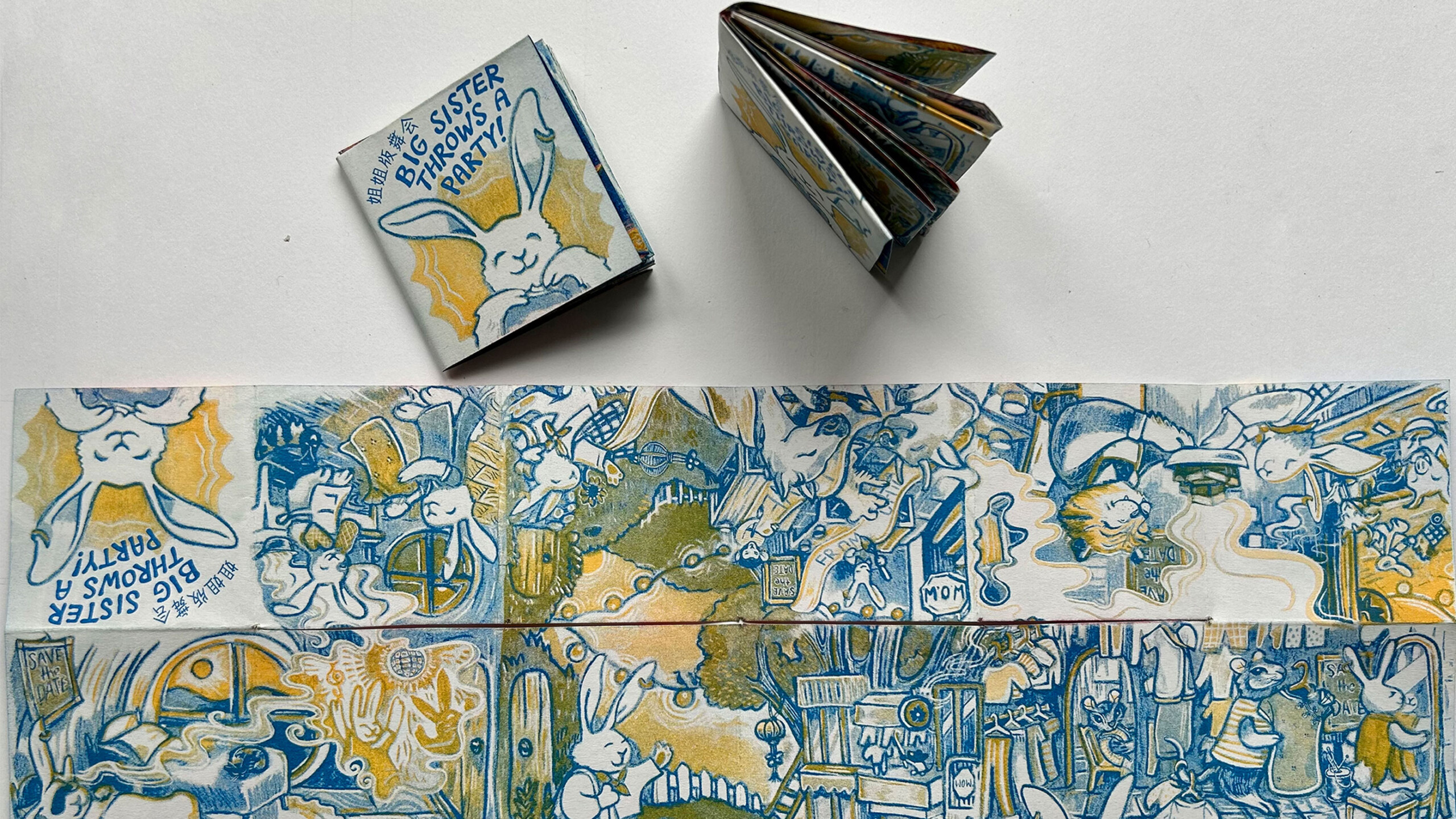 Features an extended comic strip with intricate illustrations in blue and yellow hues, filled with various characters and whimsical scenes including a prominent...