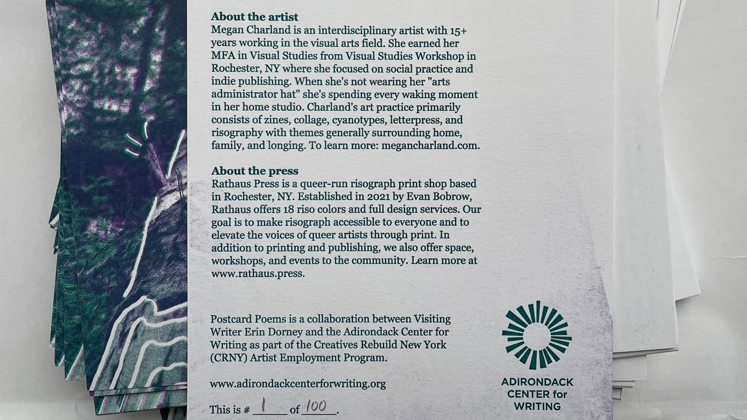 Printed flyer with text about an artist and risograph print shop on a white background.