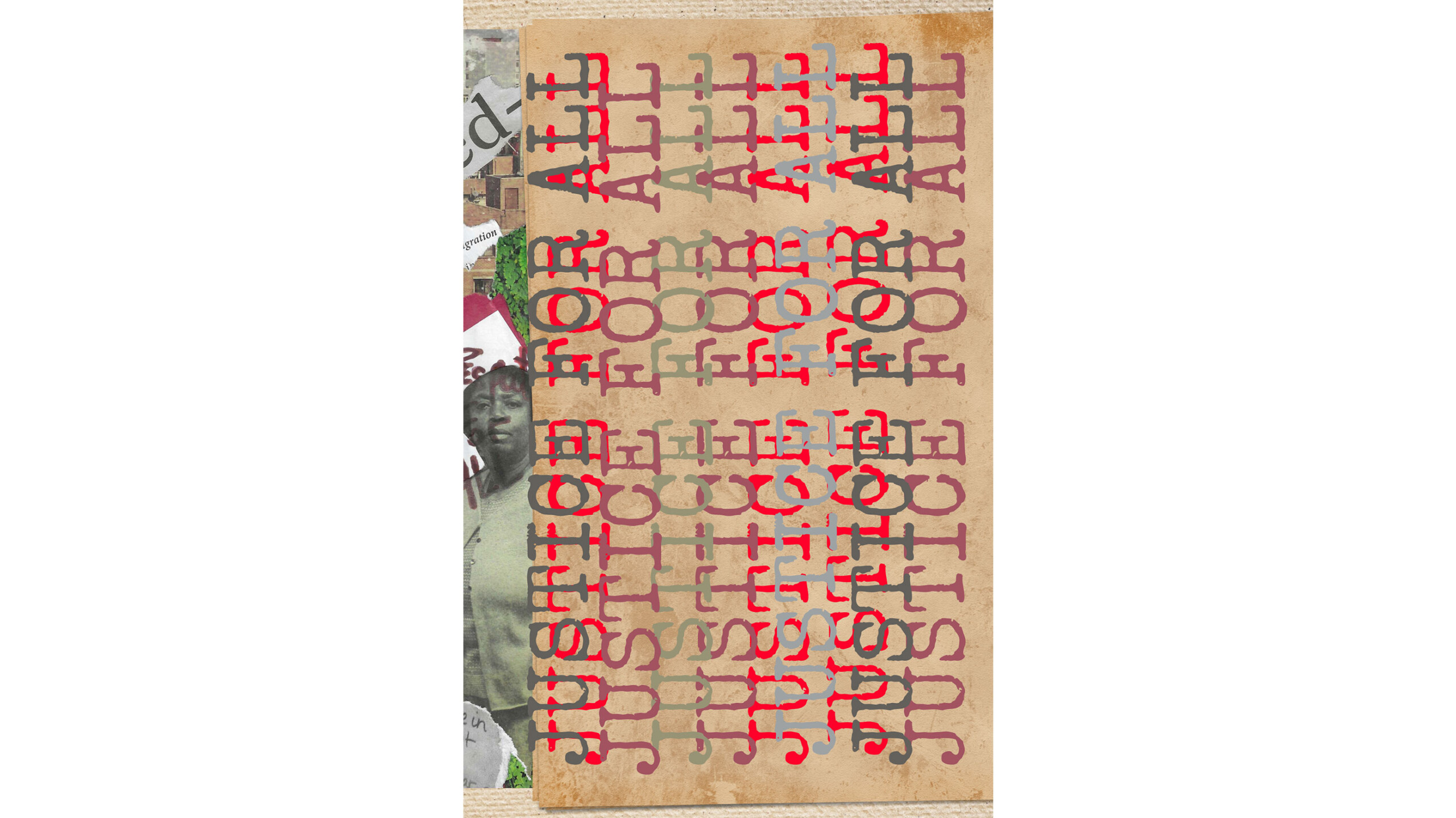 A textured canvas features the repeated phrase 'JUSTICE FOR ALL' in bold, capital letters, with the text overlaying various cut-out images and materials. The dominant...