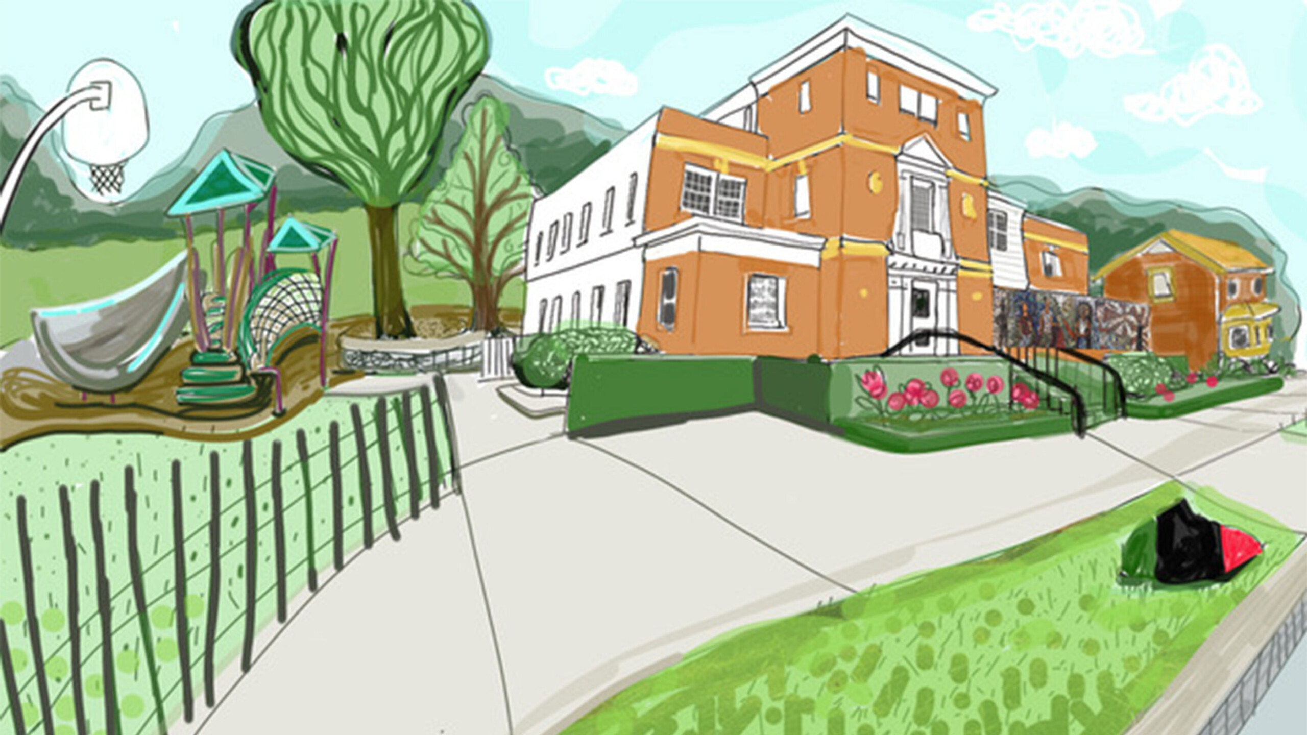A colorful illustration of a suburban schoolyard featuring a prominent two-story brick building with white accents, set against a backdrop of green hills and a...