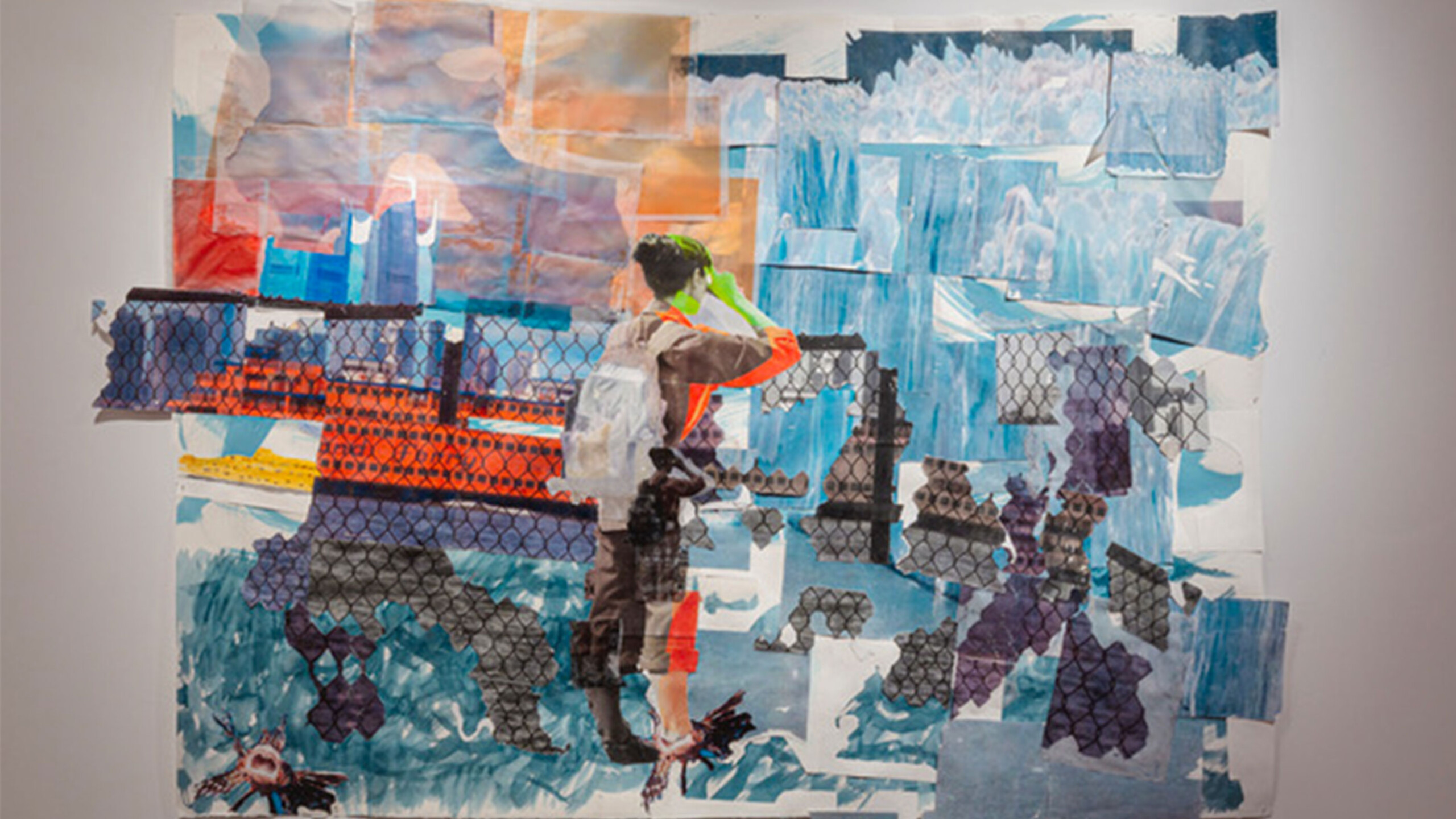 A vibrant mixed media collage combining various elements such as magazine clippings, textured papers, and possibly paint. Central to the composition is a figure...