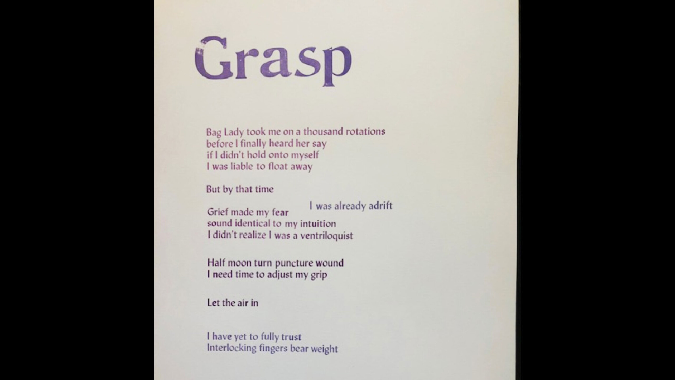A literary piece titled Grasp is displayed in bold, purple lettering at the top of the page. The poem consists of several lines reflecting themes of self-awareness...