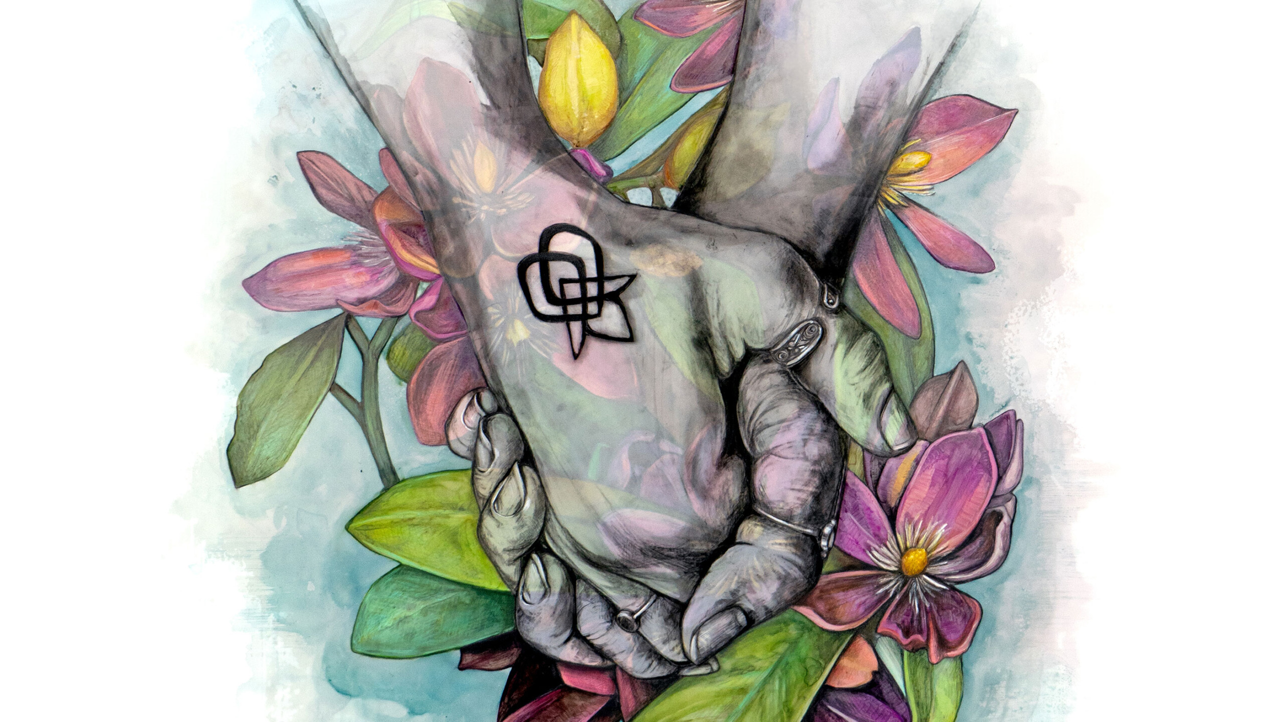 The image is a sketch, drawing, or painting of a a pair of hands and flowers done in watercolor.