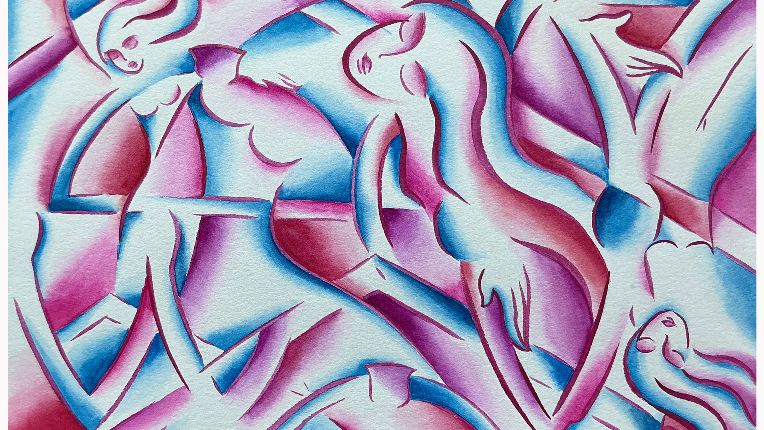 A vibrant abstract artwork showcasing fluid, dynamic shapes that resemble dancing figures. The composition features a harmonious blend of purples, blues, and pinks,...