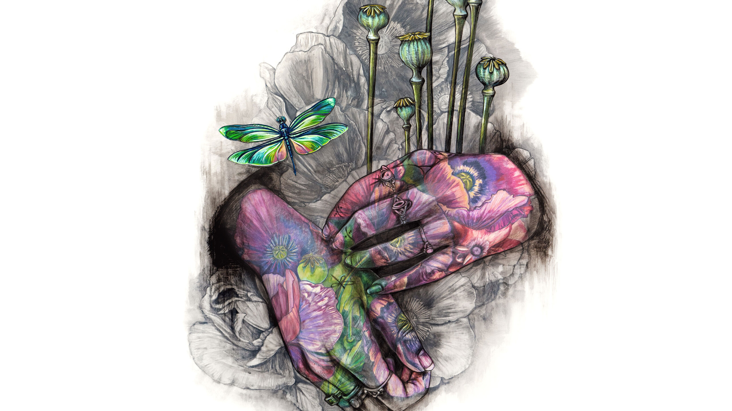 The image is a sketch, drawing, or painting of a a pair of hands and flowers done in watercolor.