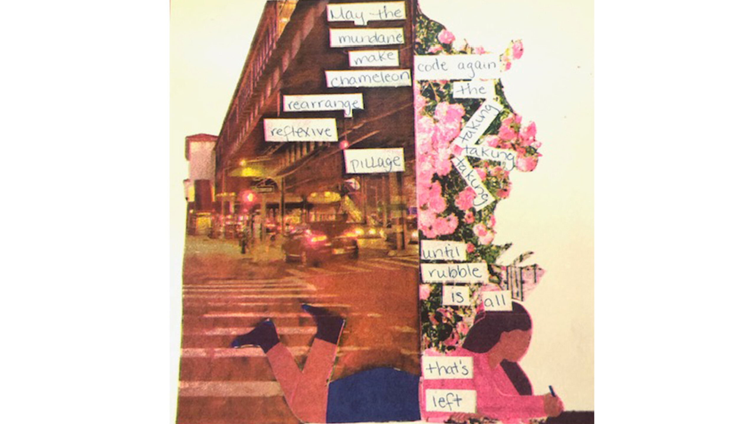 A collage incorporating images of a city street scene, with a person in the foreground. The city street scene, in muted tones of brown and orange, includes crosswalks,...
