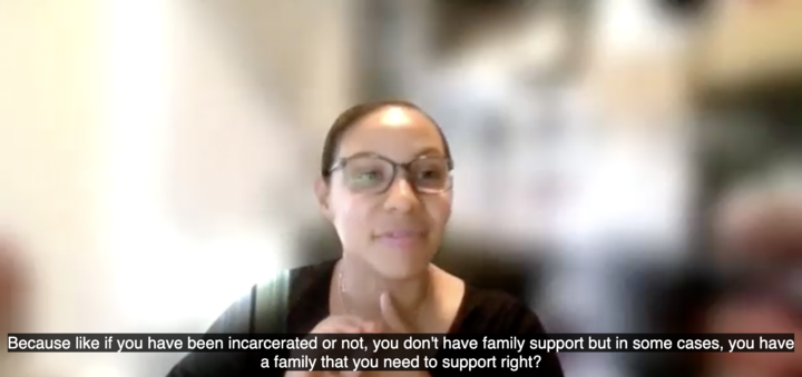 Photo of — Barbara Bierd, Policy and Organizing Associate, Center for Employment Opportunities—Gate Money Campaign — speaking at the Rethinking the Meritocracy...