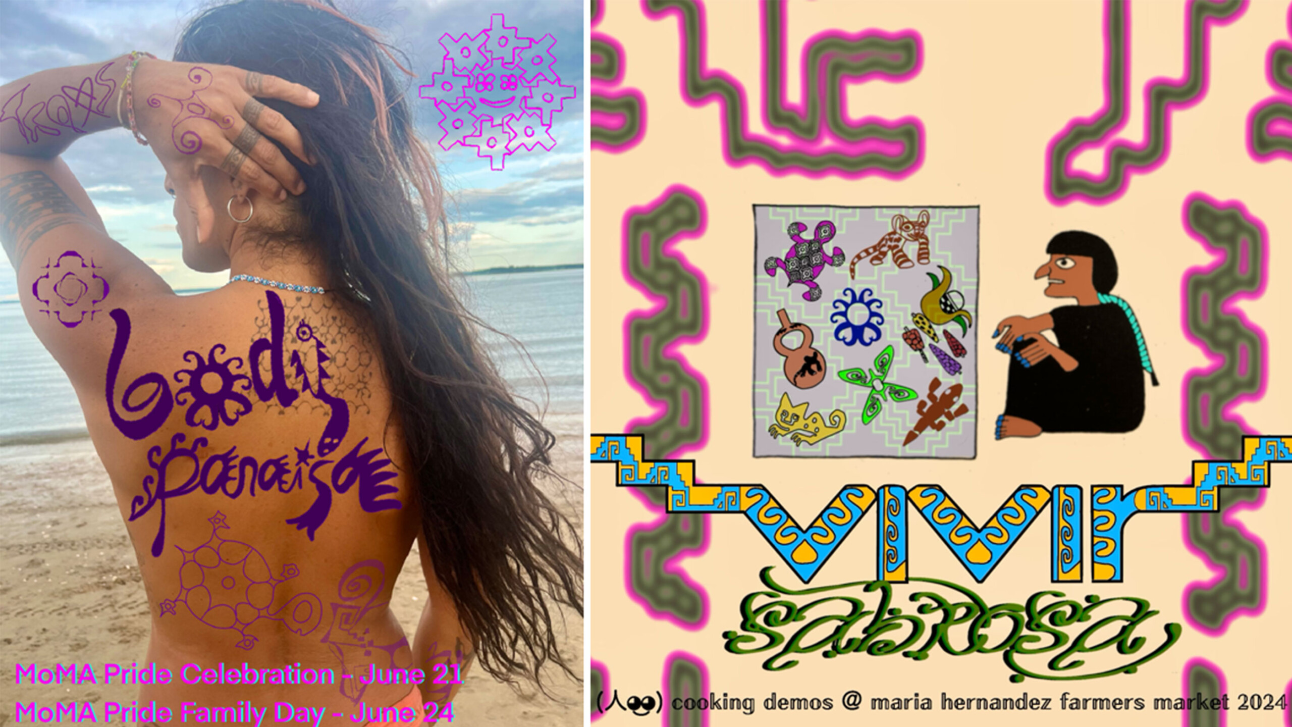 On the left, a person with long hair stands on a beach, facing the water. Their back is adorned with intricate purple tattoos and symbols, including the words 'body'...