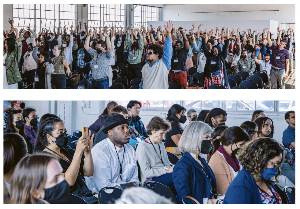 Two images stacked vertically showing a diverse group of people attending an indoor conference. In the top image, attendees stand with their arms raised enthusiastically...