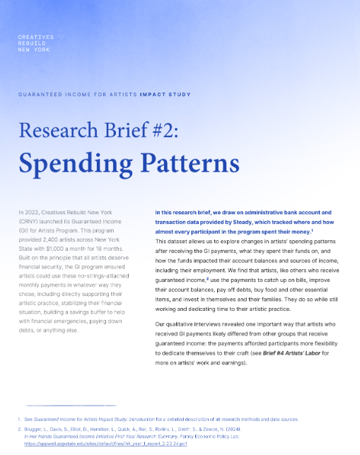 A blue gradient background with the title Research Brief #2: Spending Patterns in bold, dark blue serif font. The top left corner features the text Creatives Rebuild...
