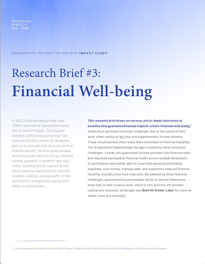 A blue gradient background with the title Research Brief #3: Financial Well-being in bold, dark blue serif font. The top left corner features the text Creatives...