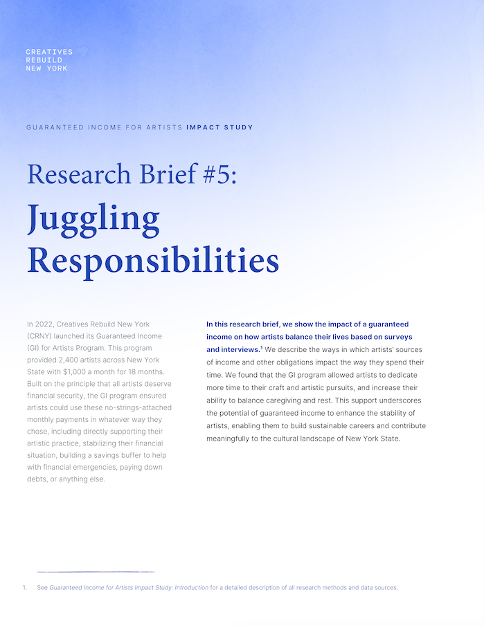 A blue gradient background with the title Research Brief #5: Juggling Responsibilities in bold, dark blue serif font. The top left corner features the text Creatives...