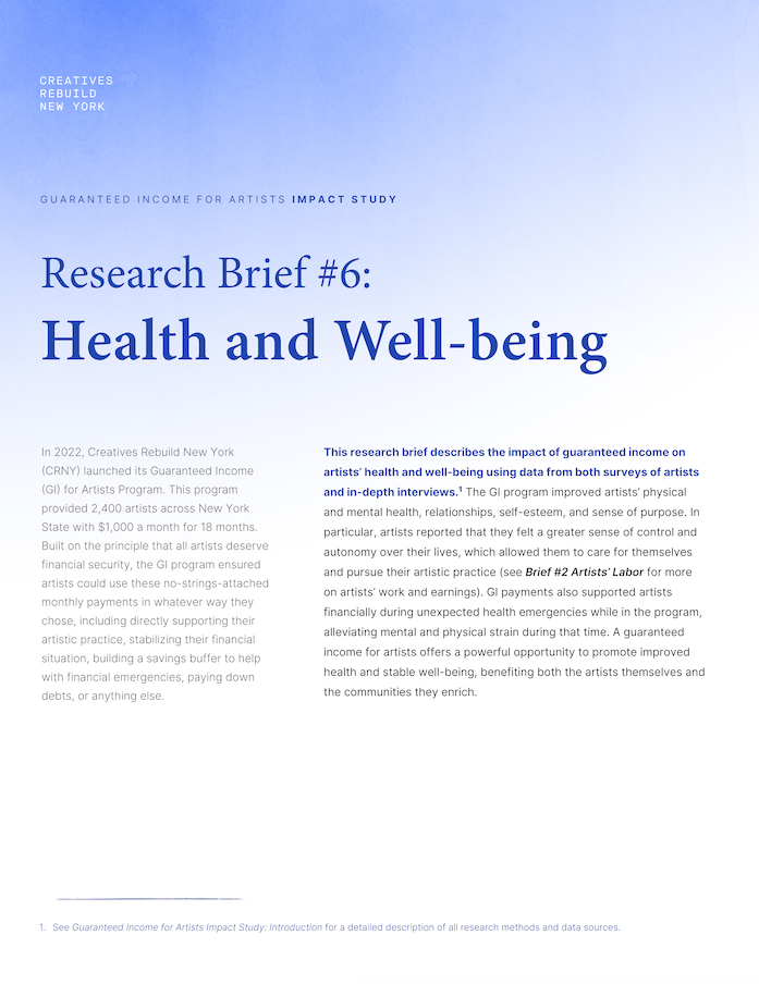 A blue gradient background with the title Research Brief #6: Health and Well-being in bold, dark blue serif font. The top left corner features the text Creatives...