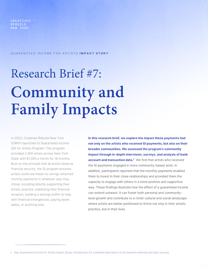 A blue gradient background with the title Research Brief #7: Community and Family Impacts in bold, dark blue serif font. The top left corner features the text Creatives...