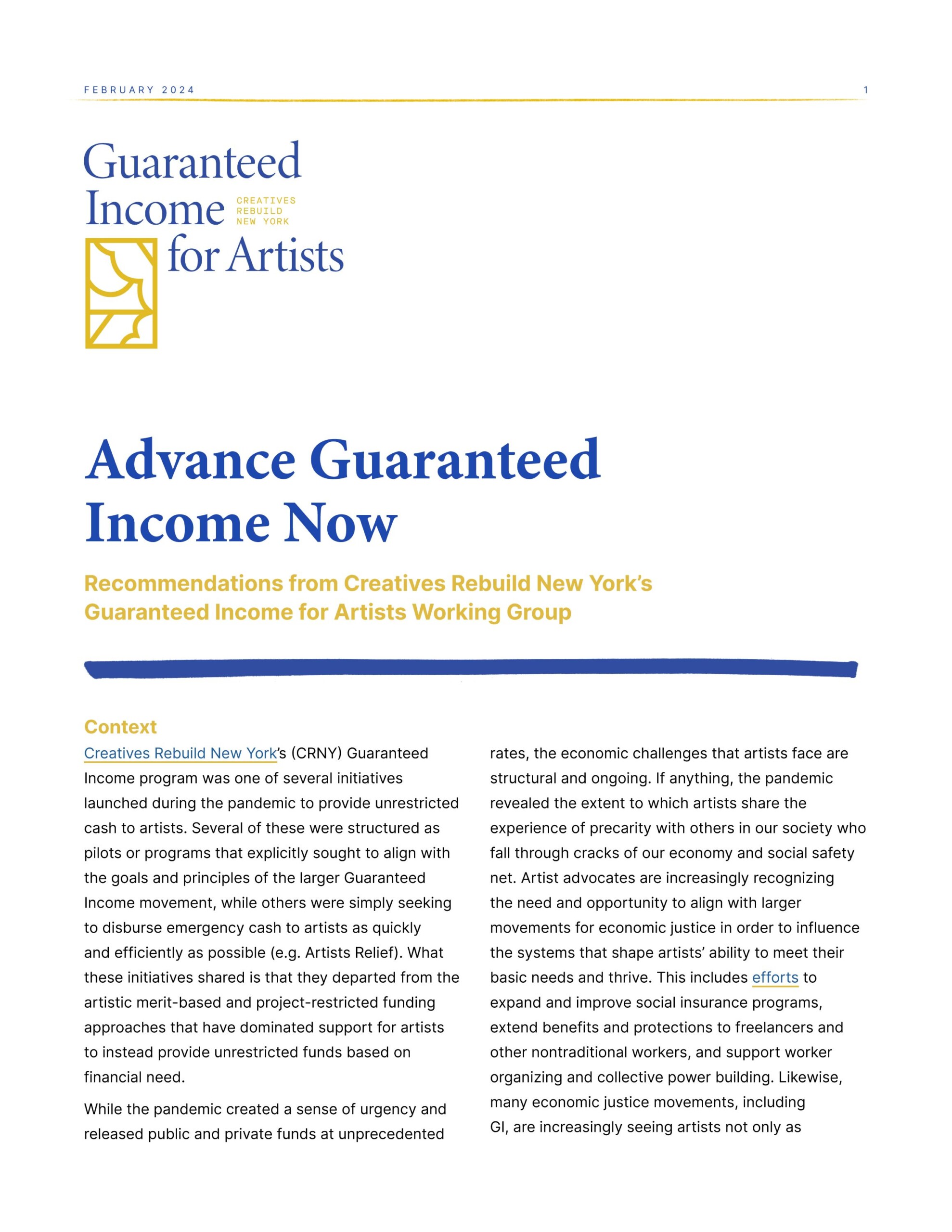 A report cover with a white background featuring the title Advance Guaranteed Income Now in bold blue serif font. Below, in yellow text, it states, Recommendations...