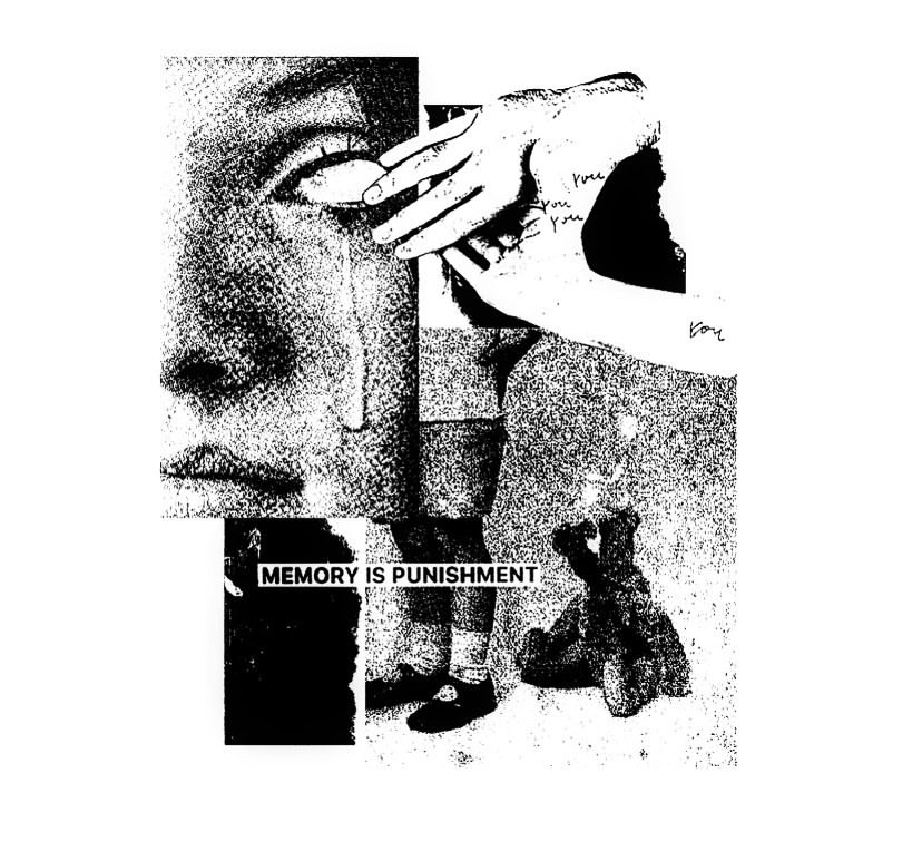 A white canvas features a grainy black and white collage, like a photocopied zine. The work is reminiscent of Barbara Kruger. A person with blank white eyes is...