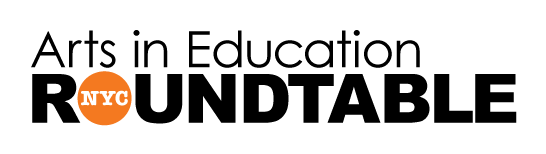 A black text-based logo with NYC Arts in Education Roundtable in uppercase letters, featuring an orange circular icon with NYC inside.