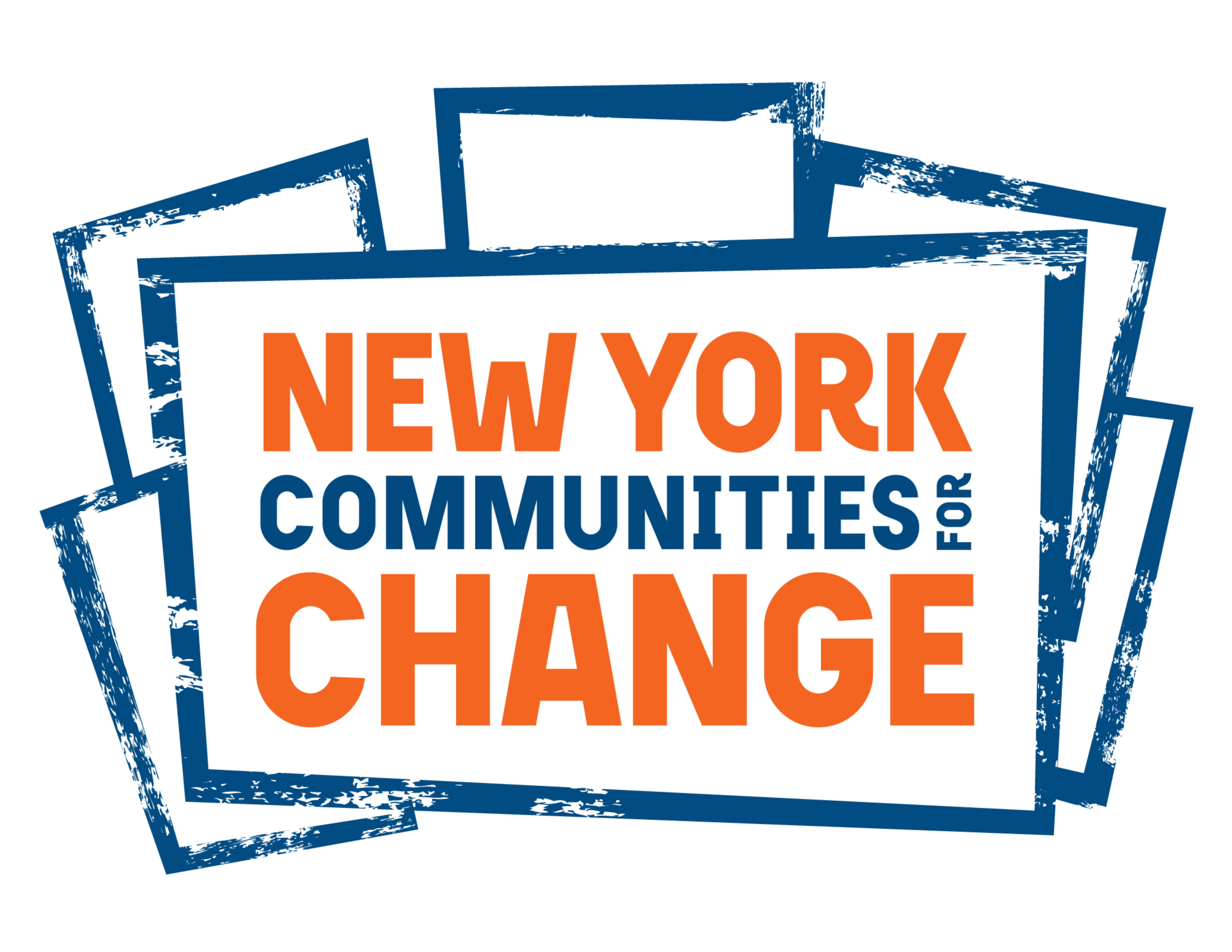 Orange and navy blue text that reads NEW YORK COMMUNITIES FOR CHANGE. The text is placed on a white background with a rough blue border, giving it a poster-like...