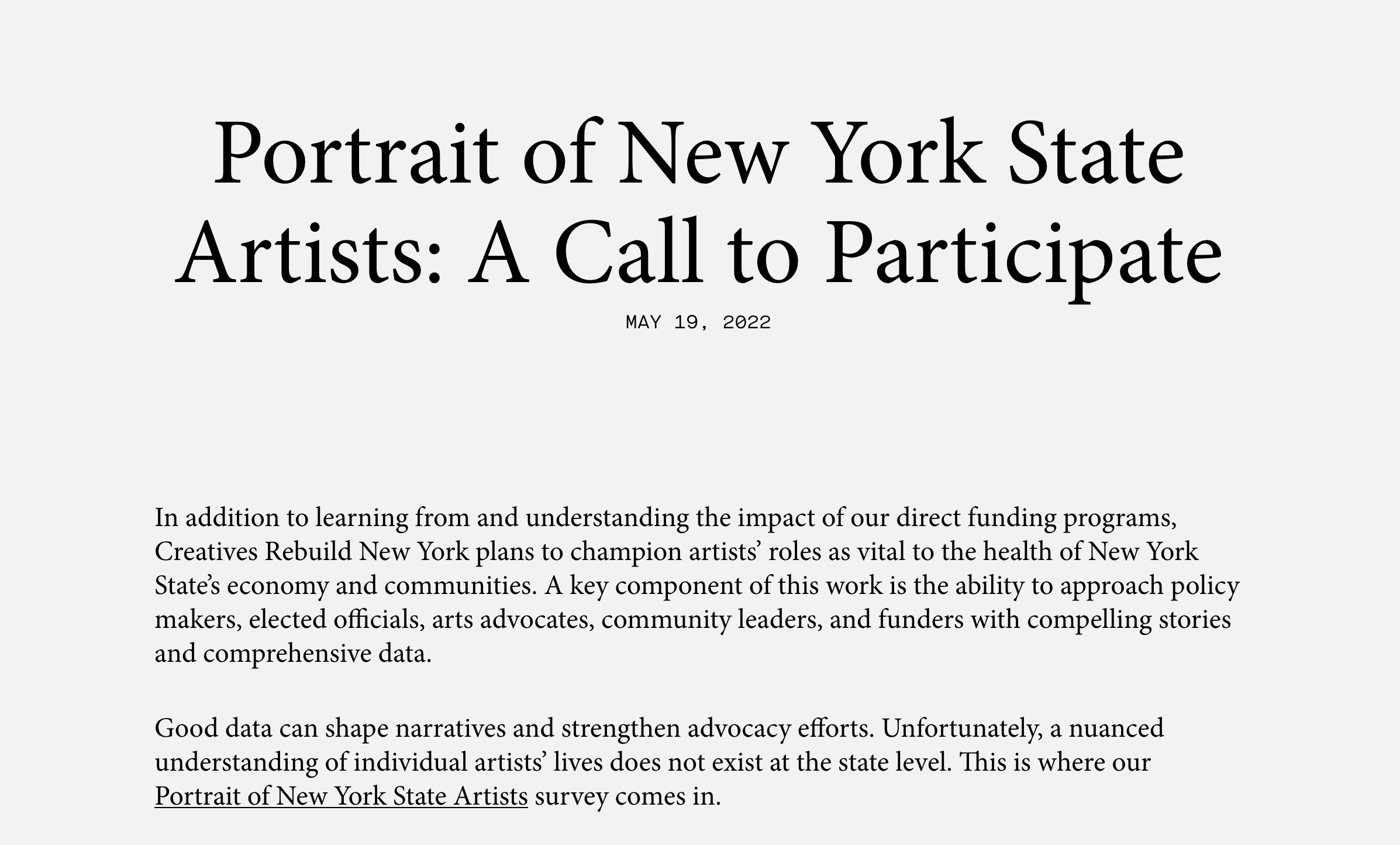 A screenshot of a webpage titled “Portrait of New York State Artists: A Call to Participate,” dated May 19, 2022. The text describes an initiative by Creatives...
