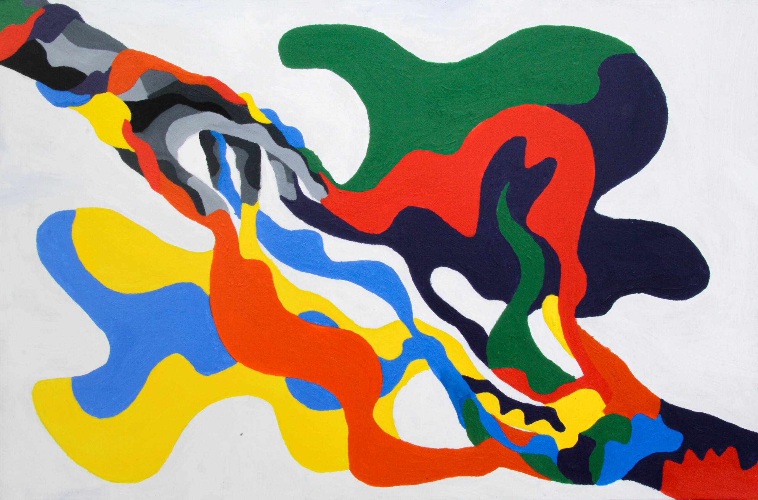 A painting that seems abstract at first, with swaths of brightly contrasting colors in specific curving shapes. Then two hand appear, reaching for each other diagonally...