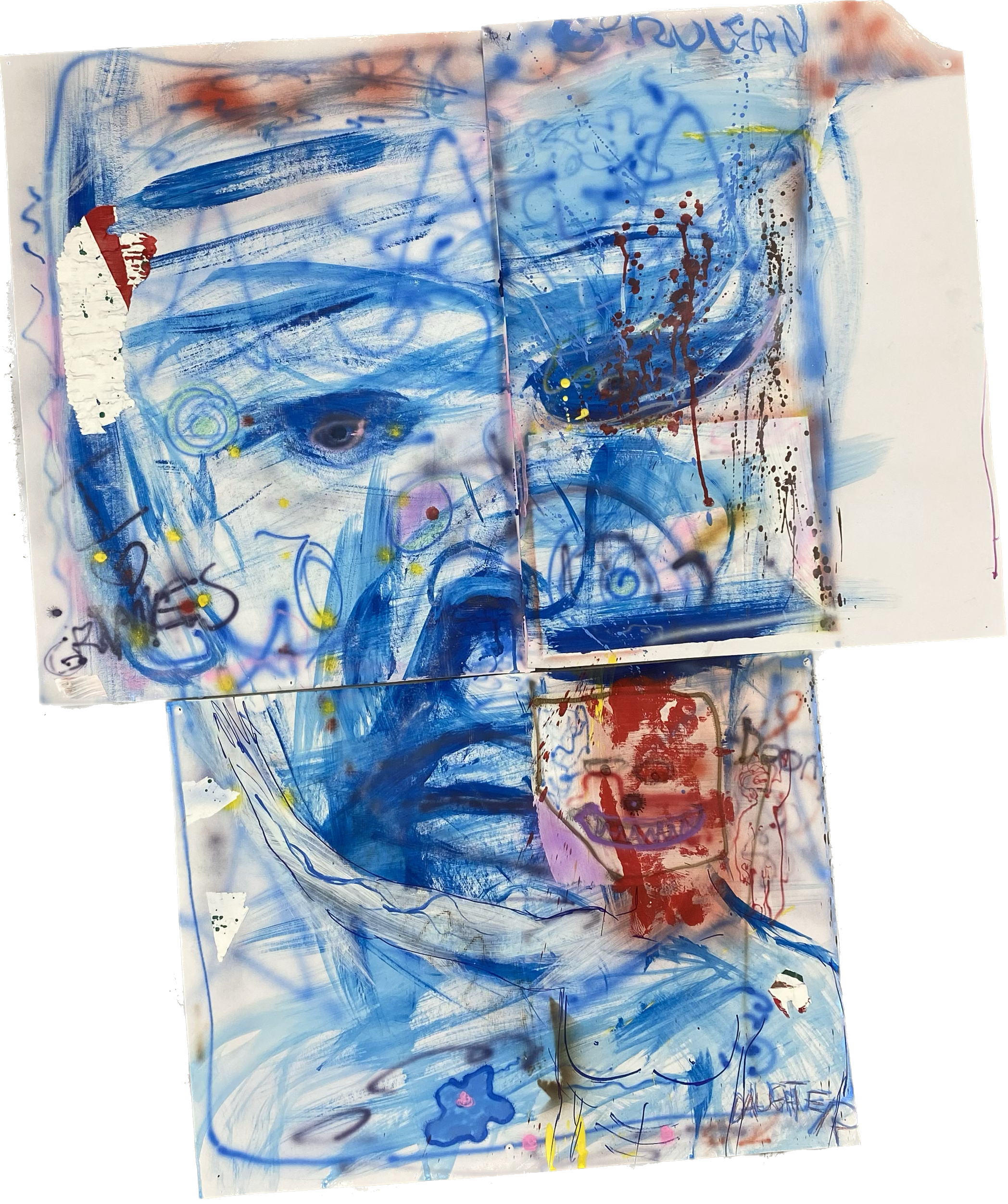 An explosion of forms spreads across 3 contiguous canvases. The biggest shape ia a person's face detailed in blues with different kinds of media, including paint...