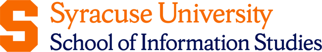 The logo for Syracuse University’s School of Information Studies features an orange block letter S on the left, followed by the text Syracuse University in orange...